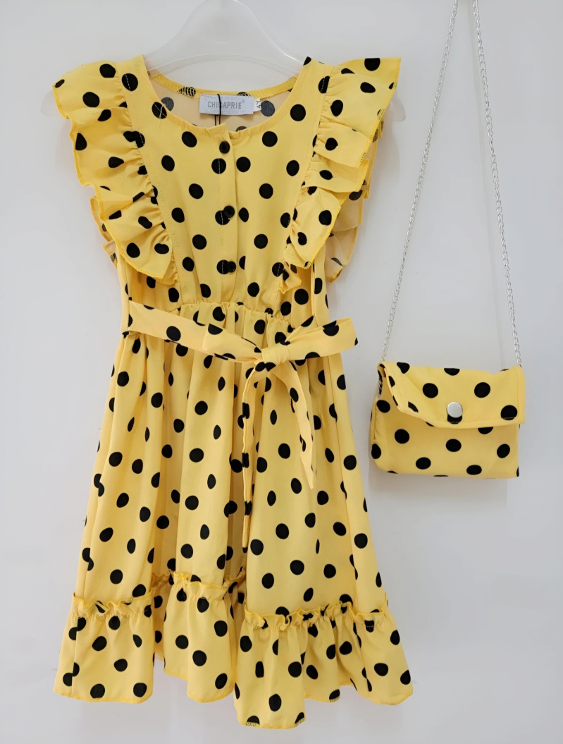 Wholesaler Chicaprie - Sleeve and flying polka dot dress with girl fancy bag