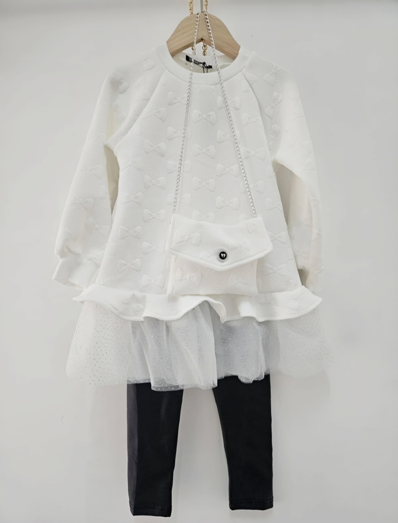 Mayorista Chicaprie - Vestido corto con pajarita texturizada y volantes y legging Uni de niña
