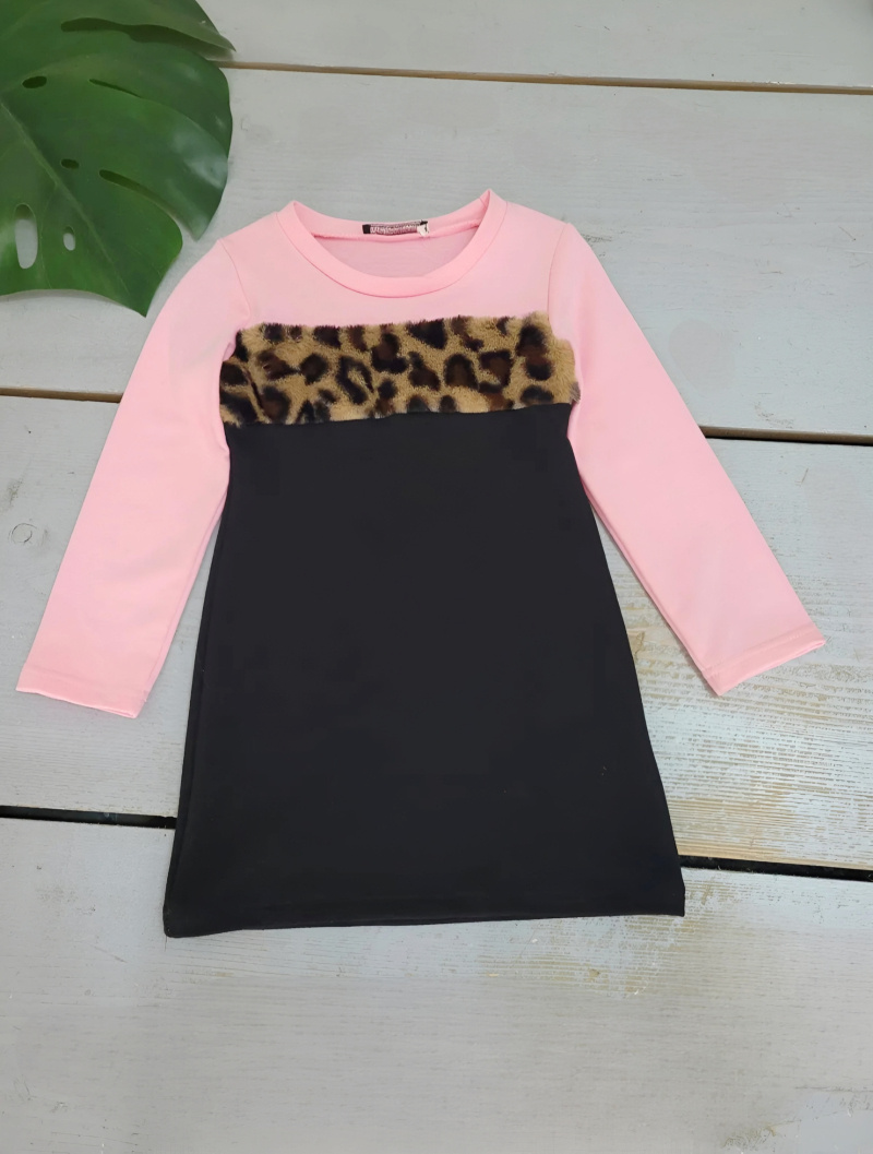 Wholesaler Chicaprie - Two-Tone Long Sleeve Tunic with Leopard Faux Fur Trim for Girls