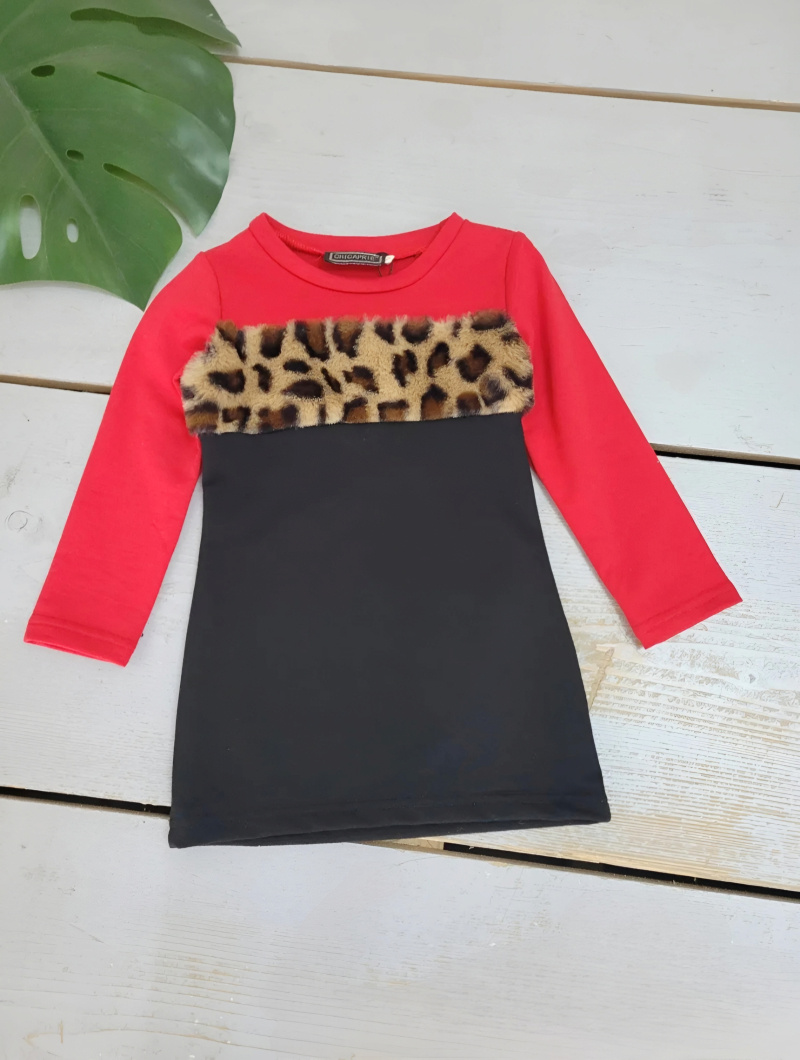 Wholesaler Chicaprie - Girls' Long-Sleeved Two-Tone Tunic With Leopard Print