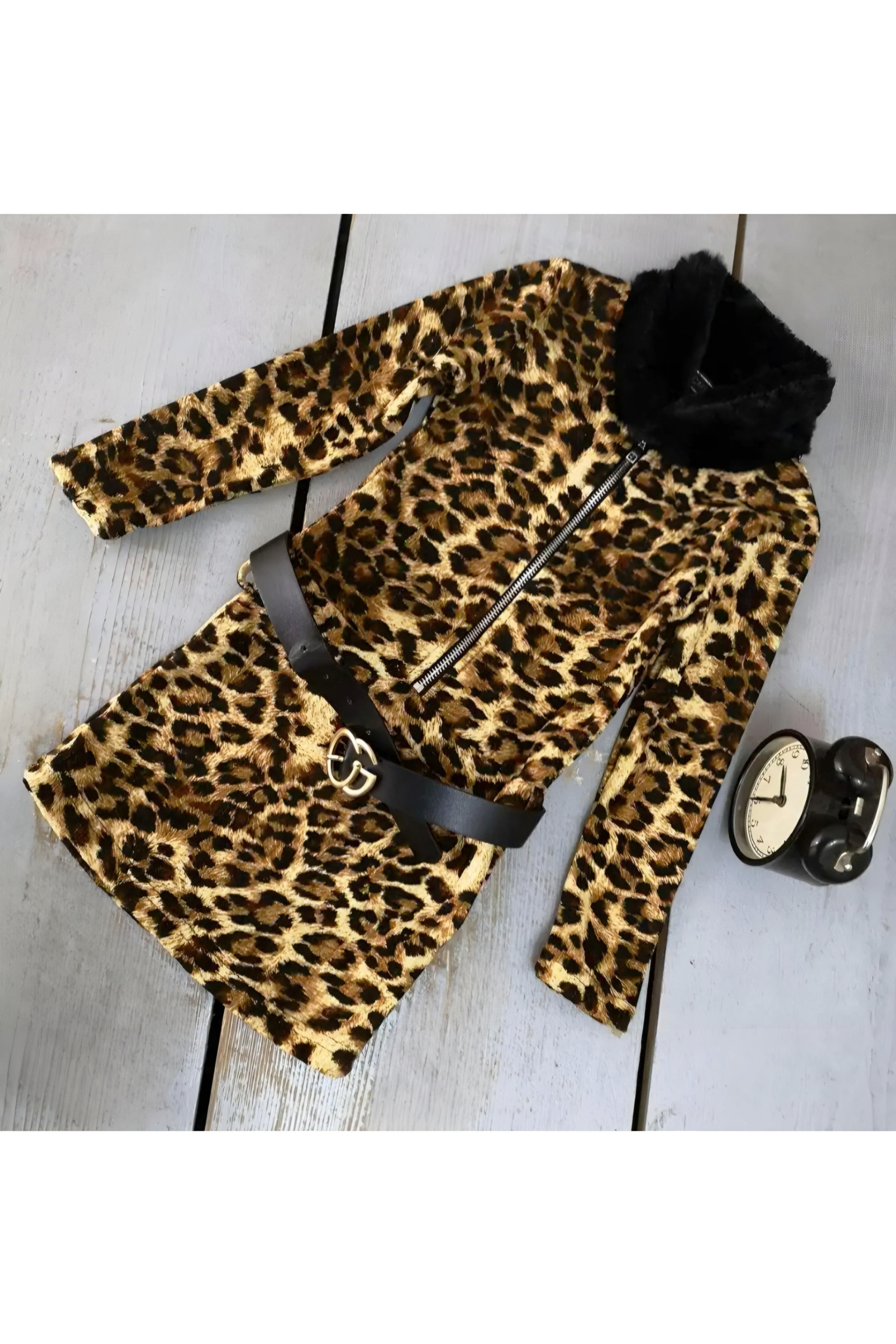 Wholesaler Chicaprie - Leopard print long-sleeved dress with faux fur and belt for girl