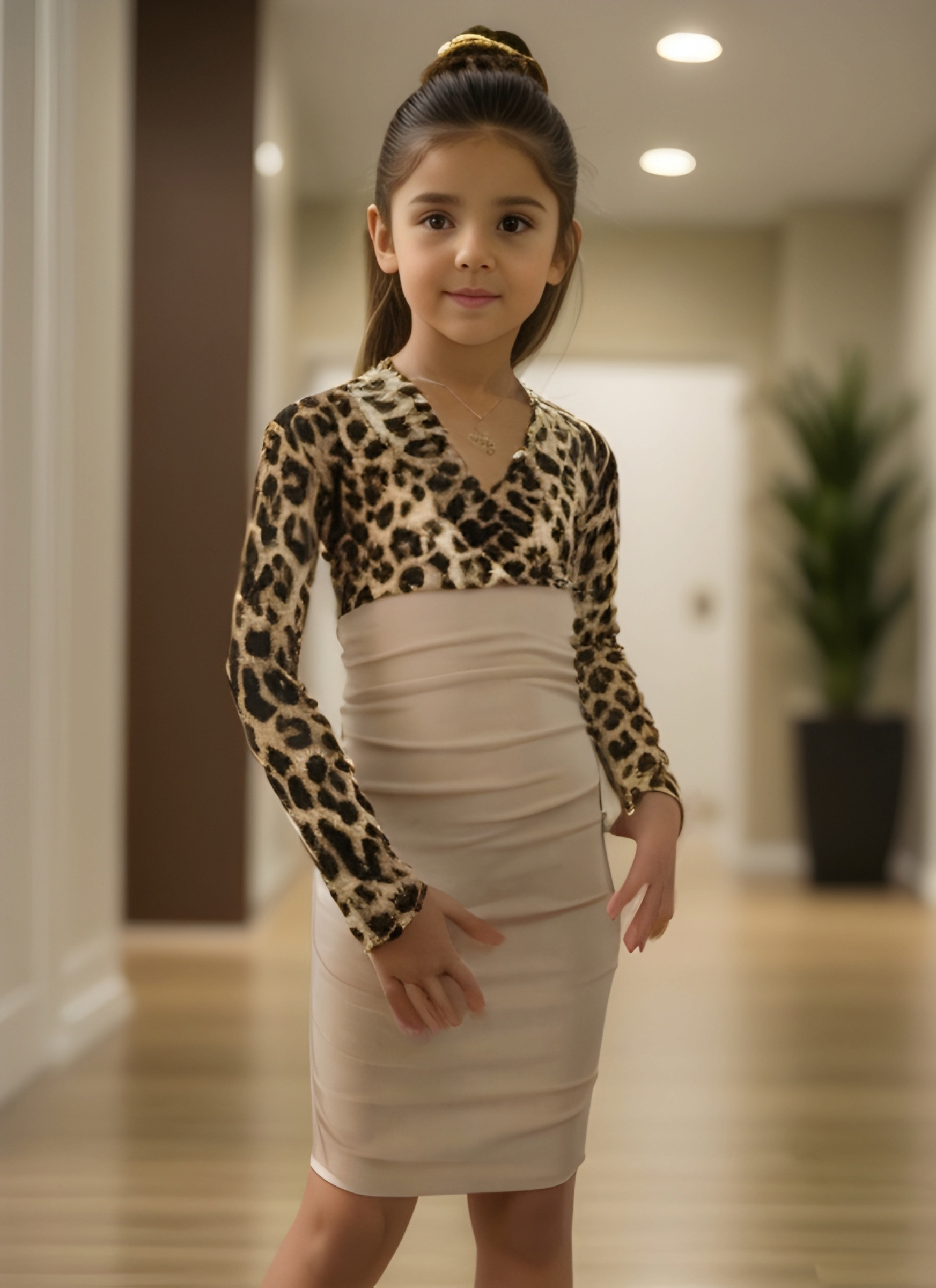 Grossiste Chicaprie - Robe Manches Longues Bi-Matière Léopard Et Uni Col V Moulant Fille