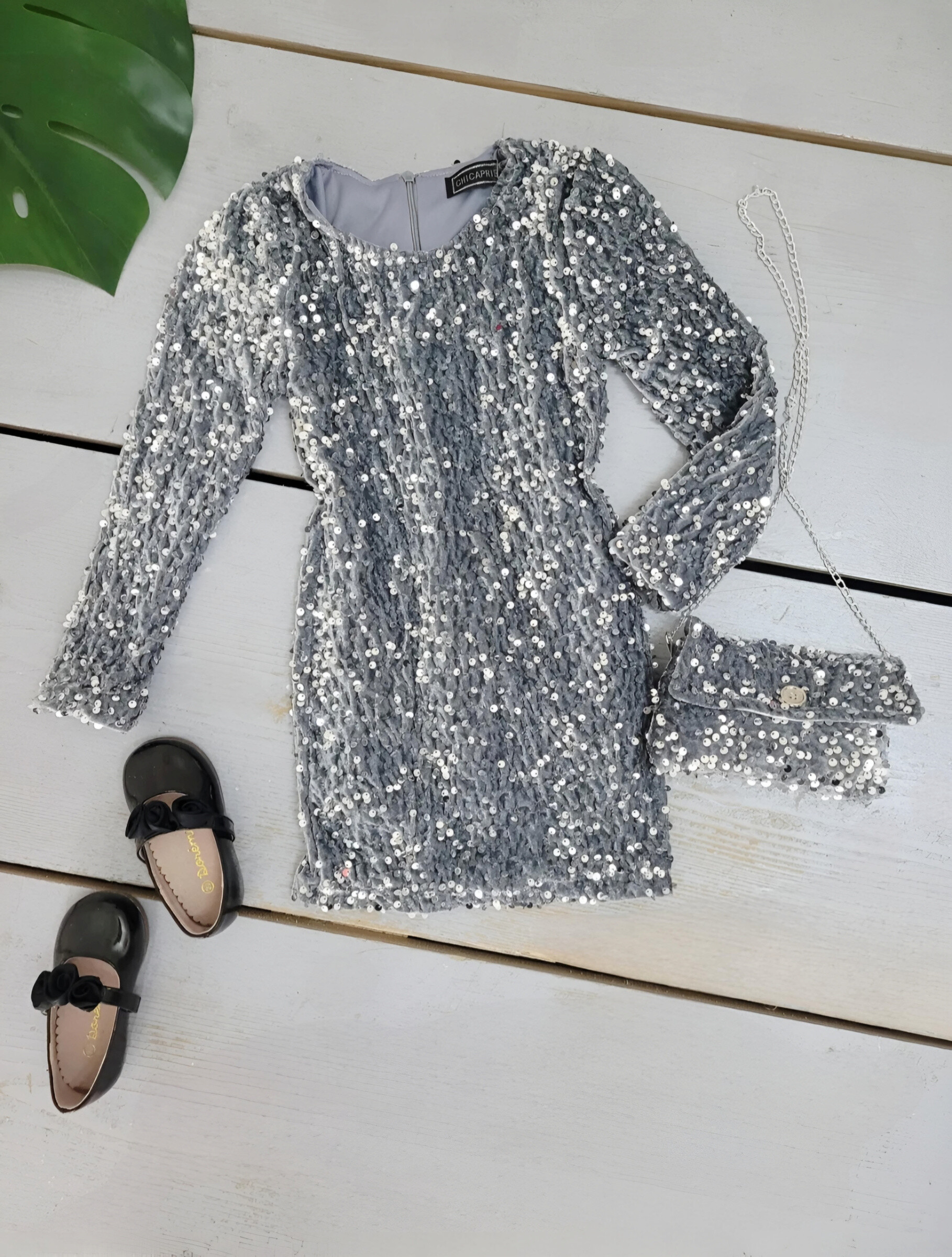Mayorista Chicaprie - Vestido de manga larga con lentejuelas, de color liso, con bolso de cadena, ideal para fiestas y eventos especiales