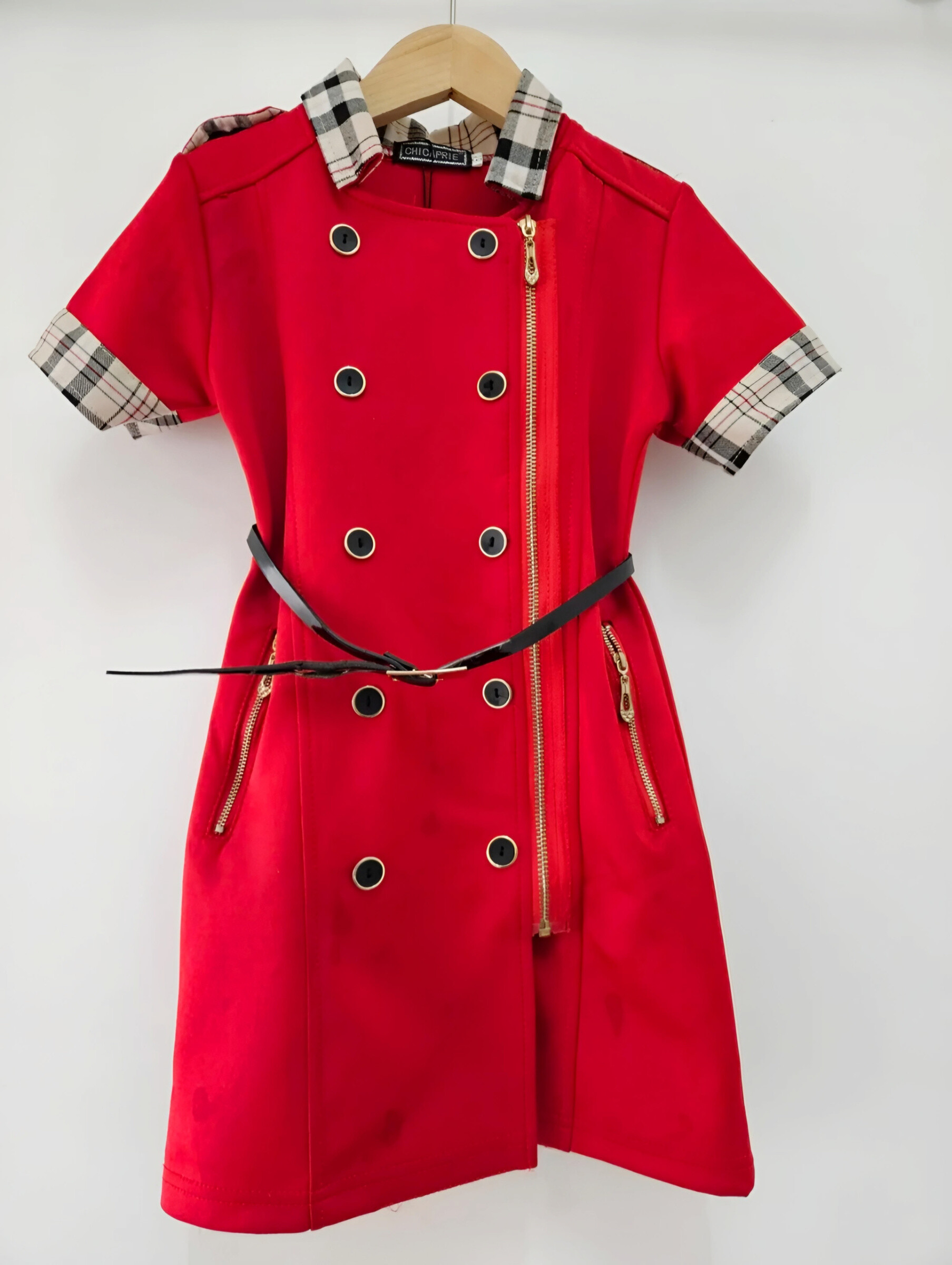 Wholesaler Chicaprie - Girls' Short Plain Dress With Decorative Buttons And Zip And Check Pattern