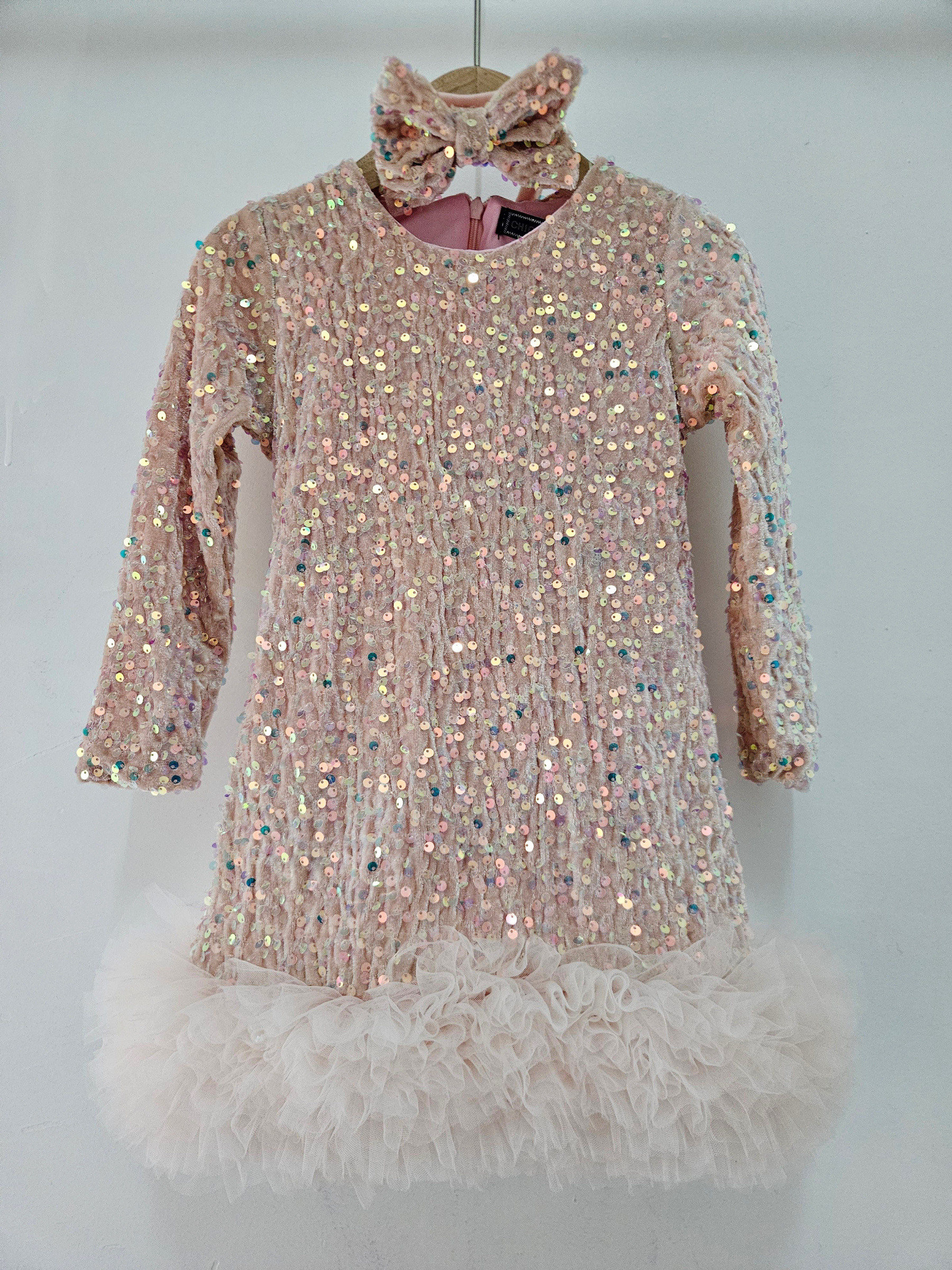 Wholesaler Chicaprie - Short Velvet Dress with All-Over Sequins and Ruffled Sheer Hem Party, Bow Headband for Girls