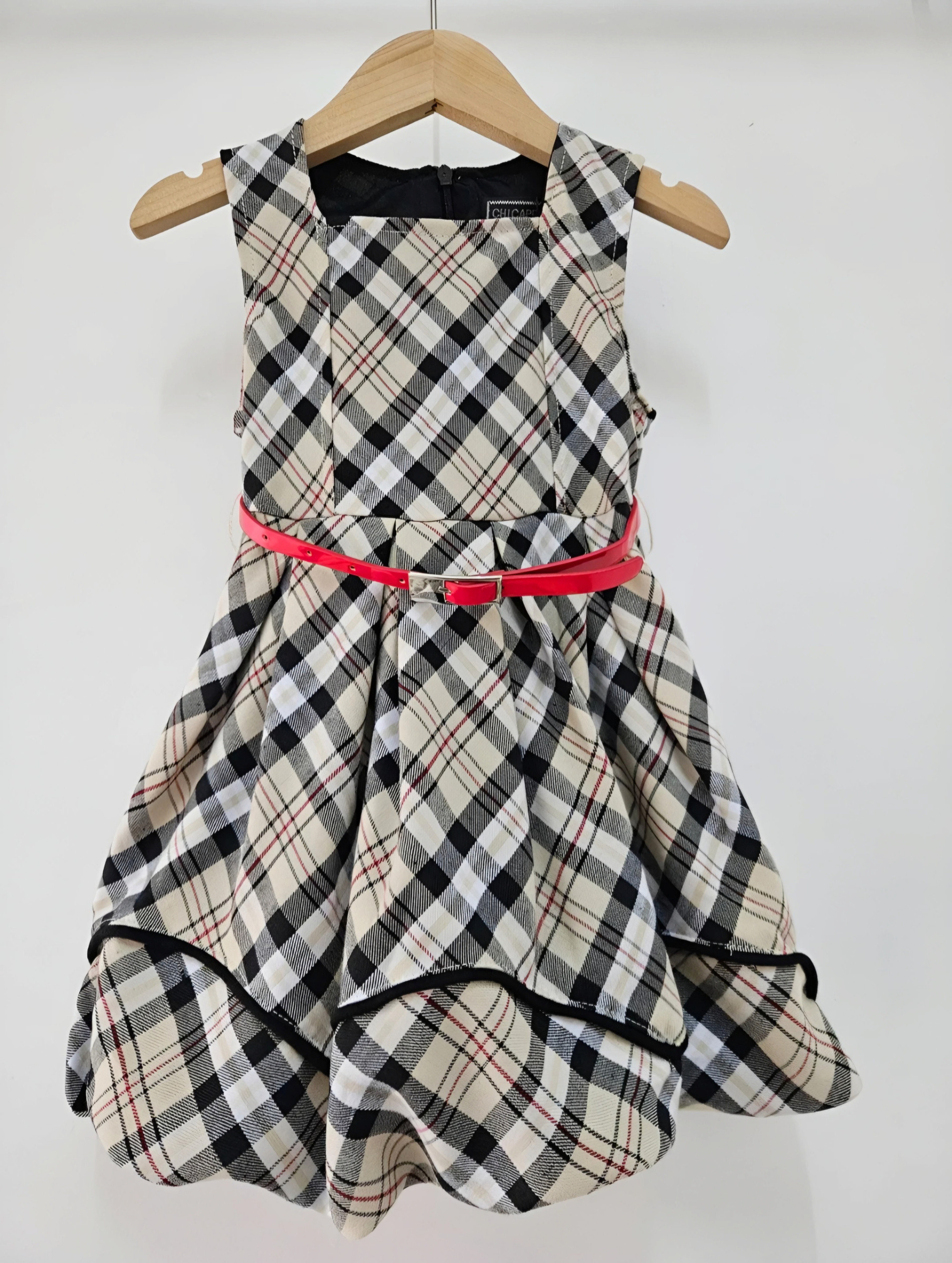 Grossiste Chicaprie - Robe Légère Quadrillée Avec Bas Bouffante Et Ceinture Fille