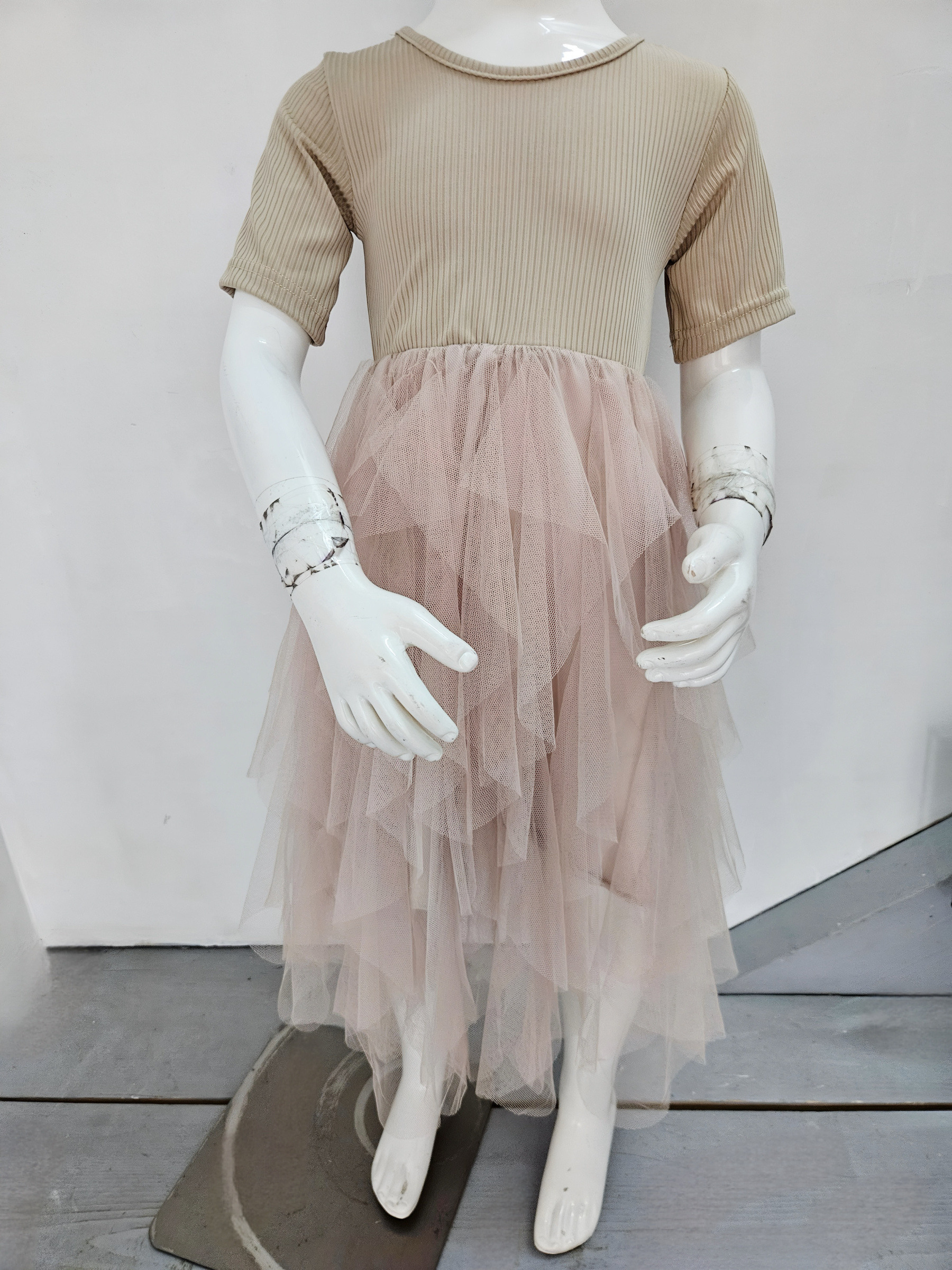 Wholesaler Chicaprie - Girls' short-sleeve dress with finely ribbed top and lightweight, flowing voile skirt