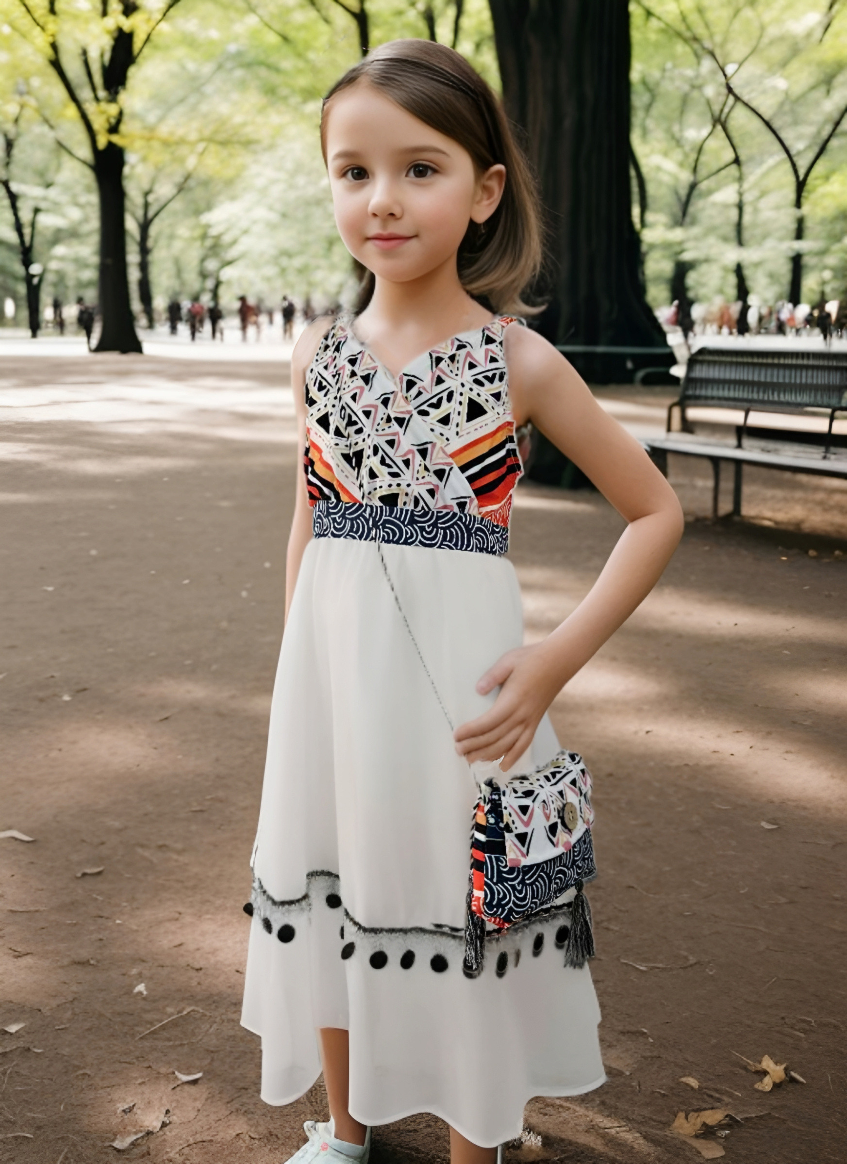 Grossiste Chicaprie - Robe Col V Croisé A Bretelles Et Motif Avec Sac Fantasie Franges Fille