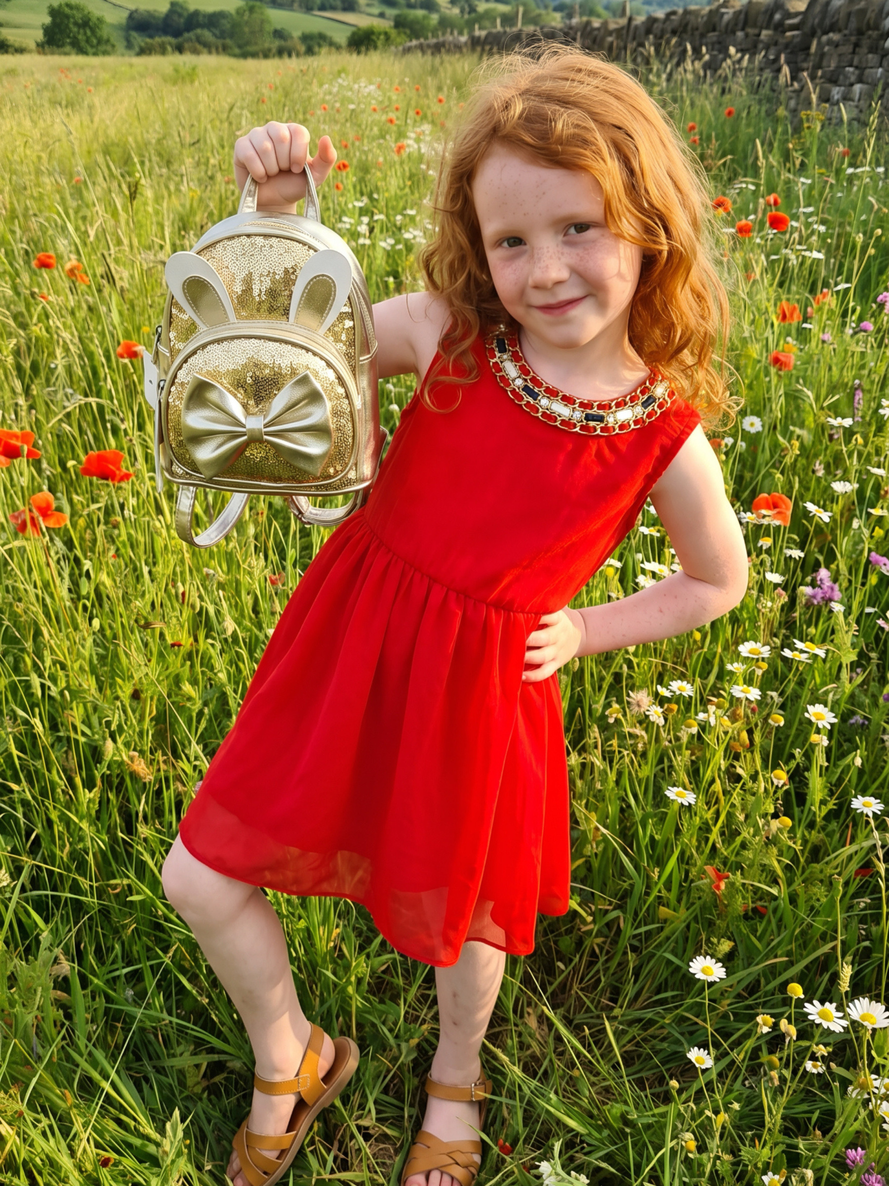 Großhändler Chicaprie - Schickes, einfarbiges, fließendes und leichtes Kleid mit Goldkettchenkragen und Kunststeinen für Mädchen