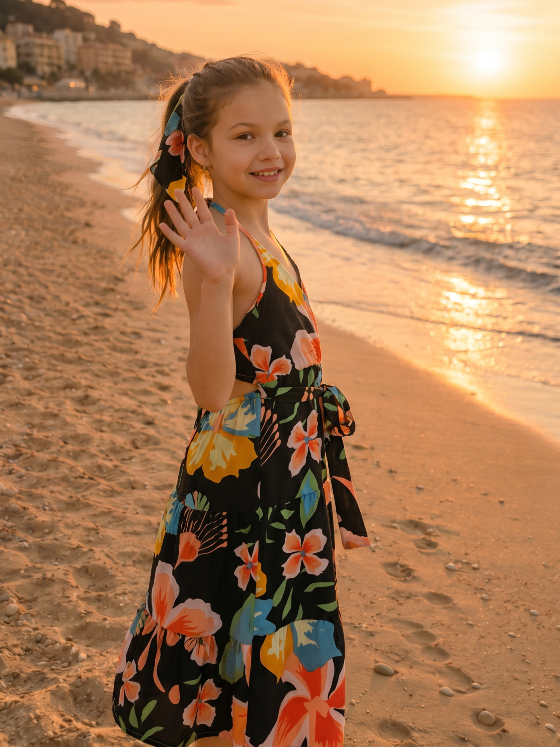 Grossiste Chicaprie - Robe Bretelles Imprimé Florale Colorée Avec Dos Nu Et Bandeau Fille