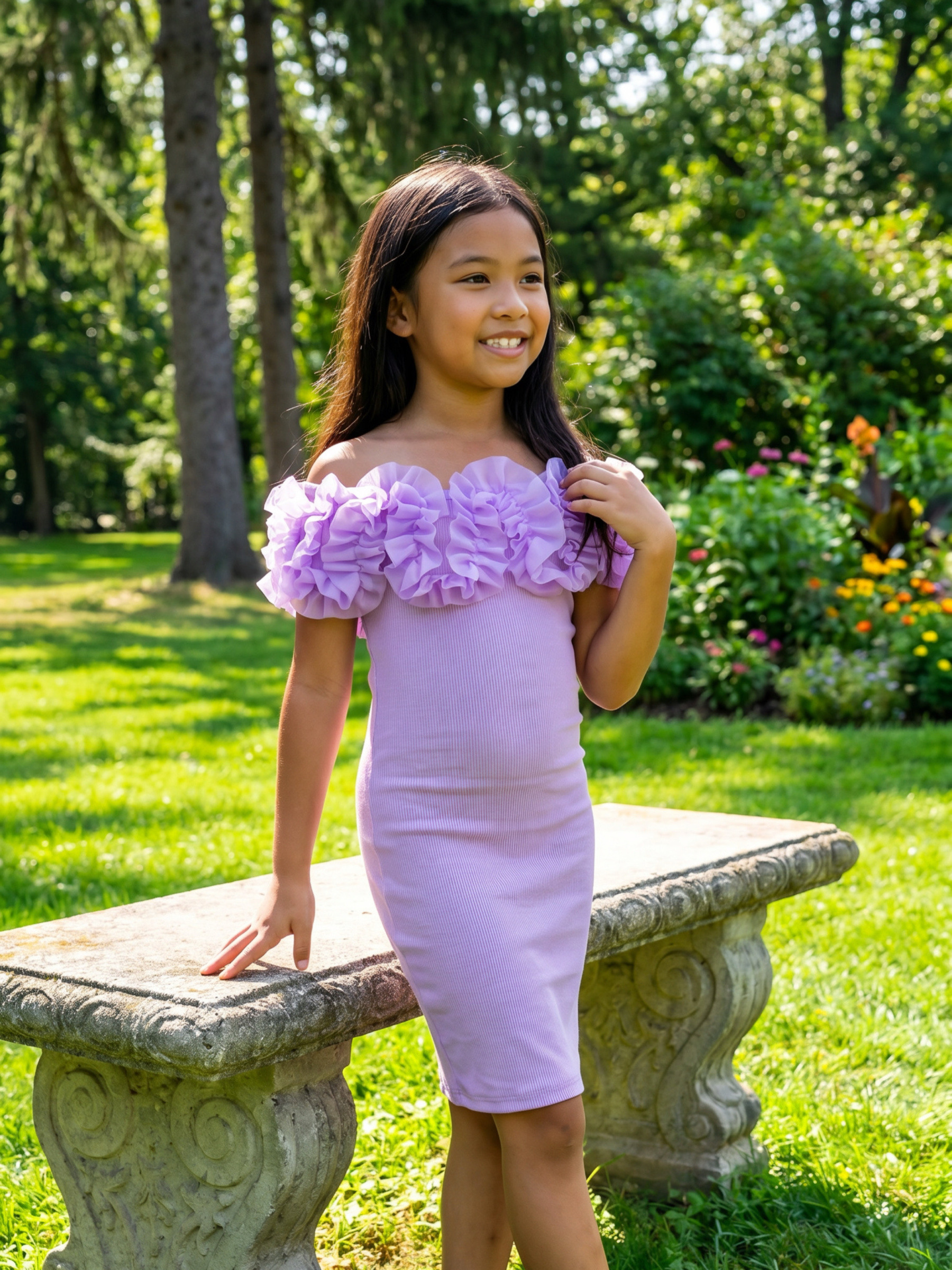 Grossiste Chicaprie - Robe Moulante Côtelé Unie Col Froufrou Aérien Fille
