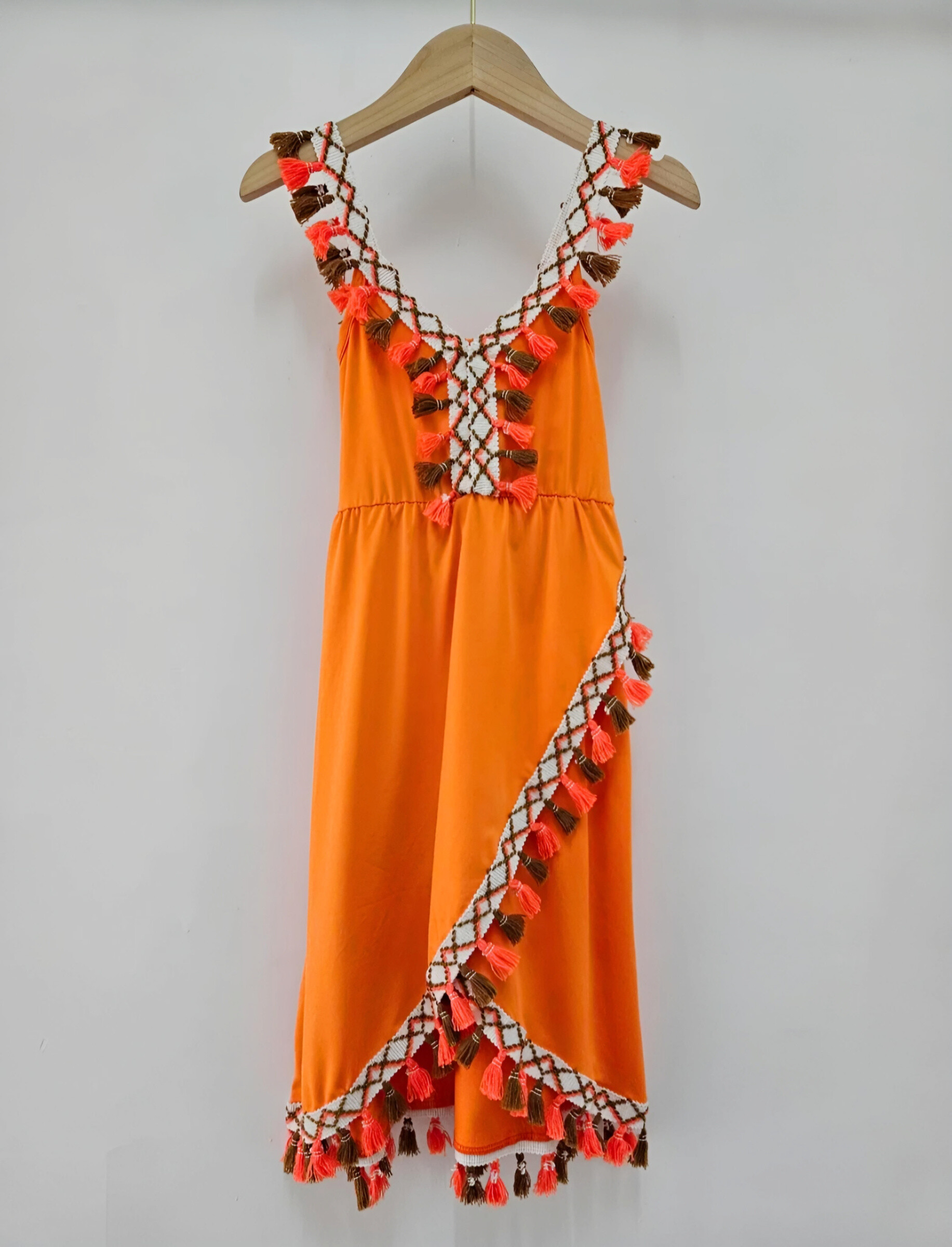Mayorista Chicaprie - Vestido Largo Con Tirantes, Liso, Fluido, Con Flecos Y Efecto Cruzado Para Niña