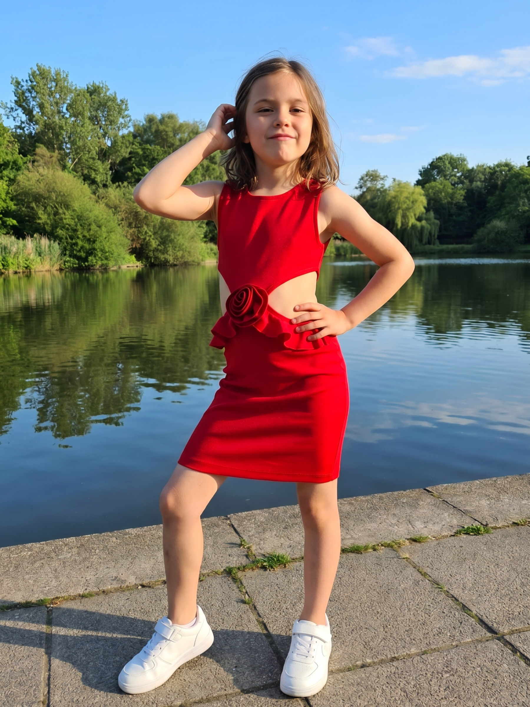 Grossiste Chicaprie - Robe Sans Manche Uni avec Fleur Et Ouverture Sur Les Hanches Avec Volant Fille