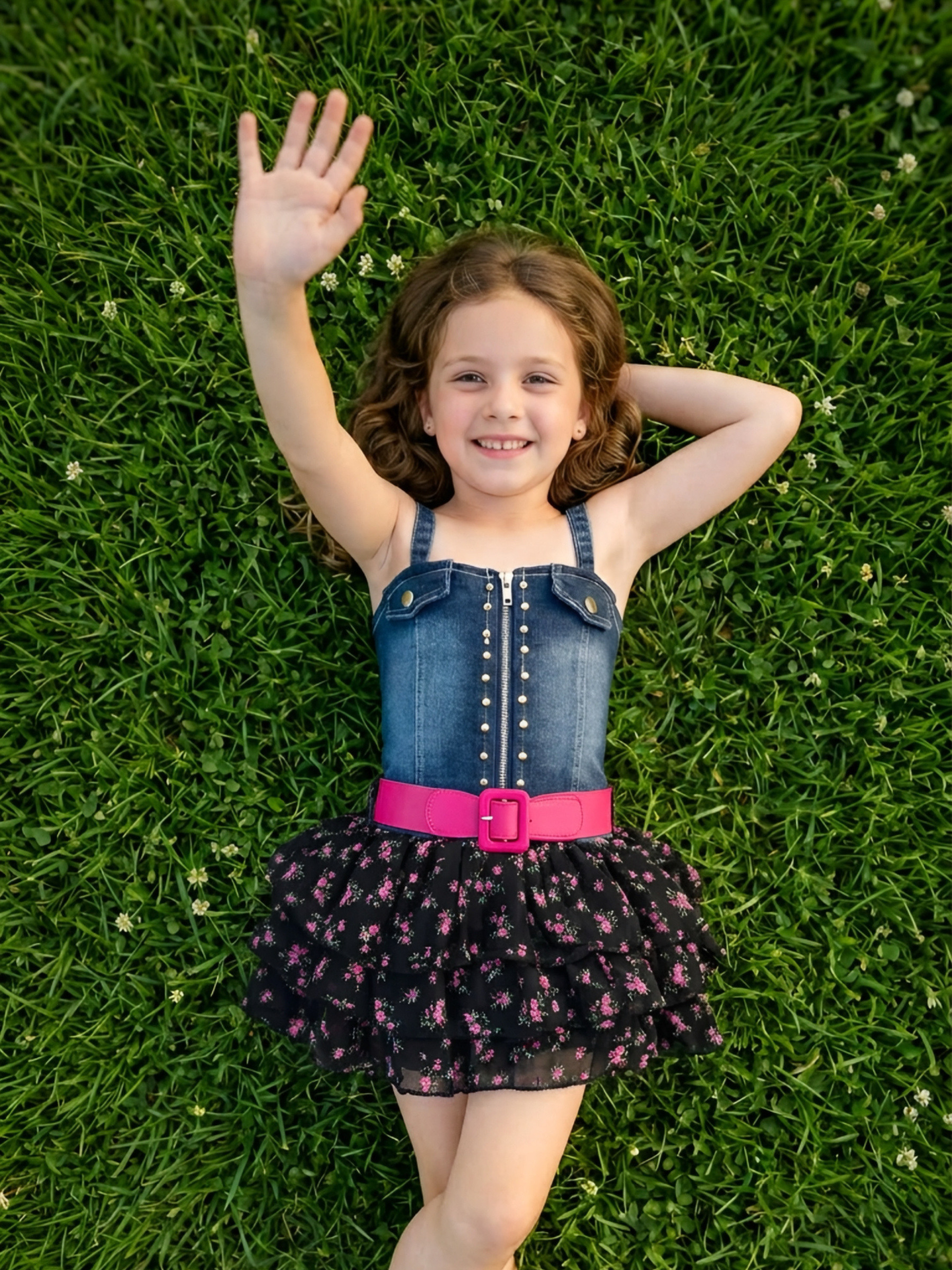 Wholesaler Chicaprie - Short Dress with Denim Top, Studs, and Belt, Featuring a Sheer Ruffled Skirt with Urban Patterns for Girls