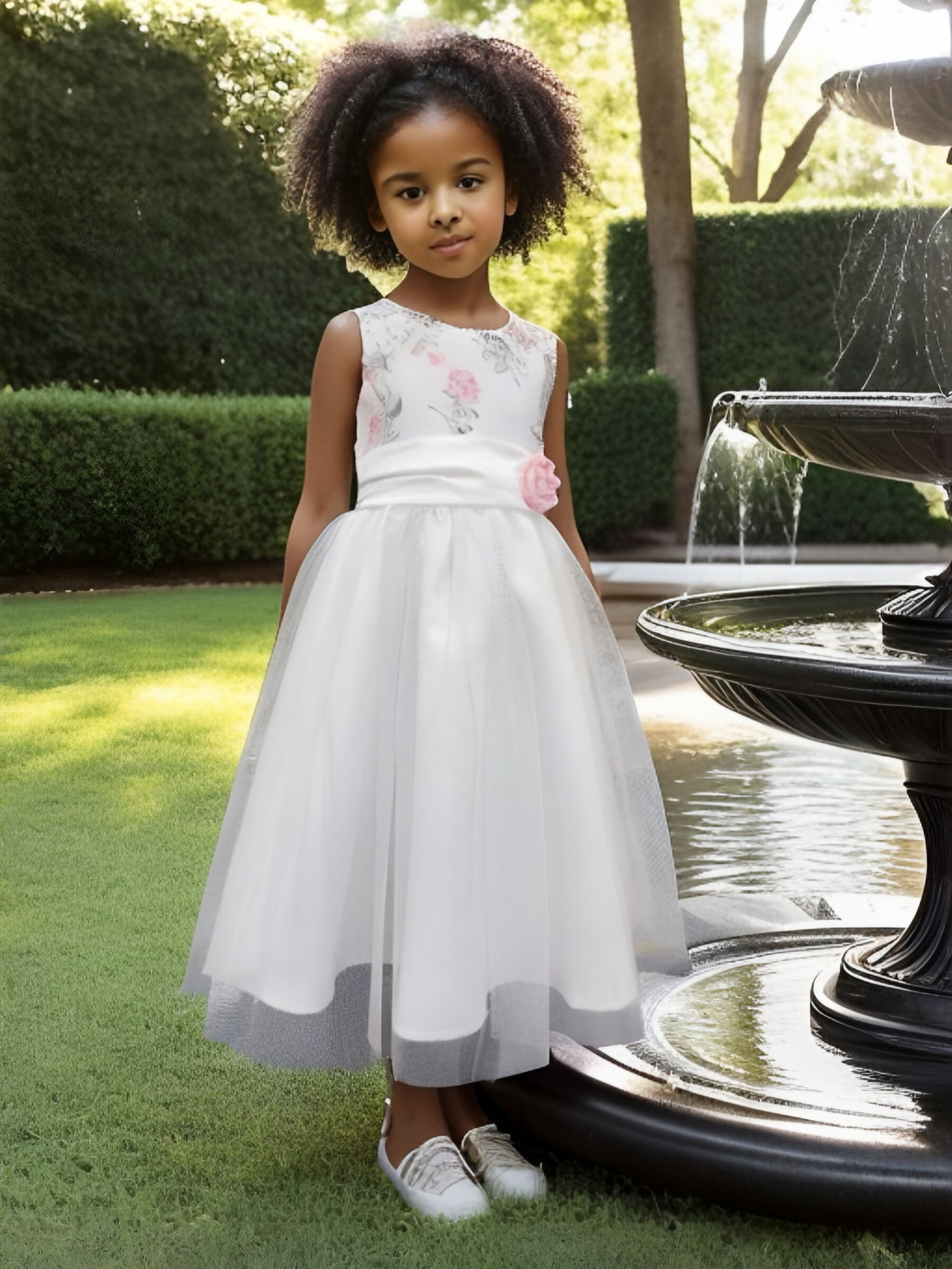 Wholesaler Chicaprie - Girl's sleeveless floral party dress with flower ribbon and light sheer overlay