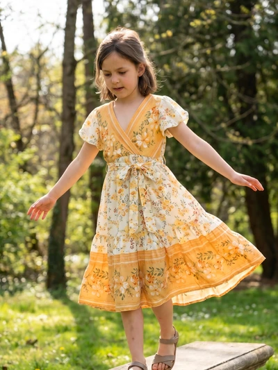 Großhändler Chicaprie - Fließendes und Leichtes V-Ausschnitt-Kleid mit Blumenmuster und Gürtel für Mädchen Großhändler Chicaprie - Fließendes und Leichtes V-Ausschnitt-Kleid mit Blumenmuster und Gürtel für Mädchen