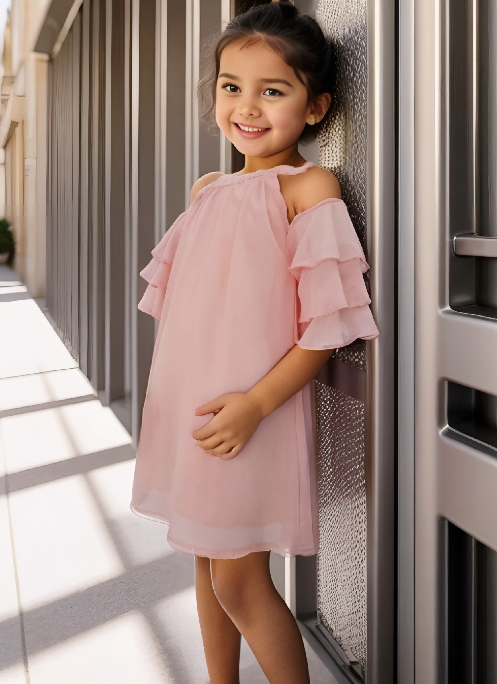 Grossiste Chicaprie - Robe Uni Perles Fluide Epaules Dénudées Manches Volants Légère Fille