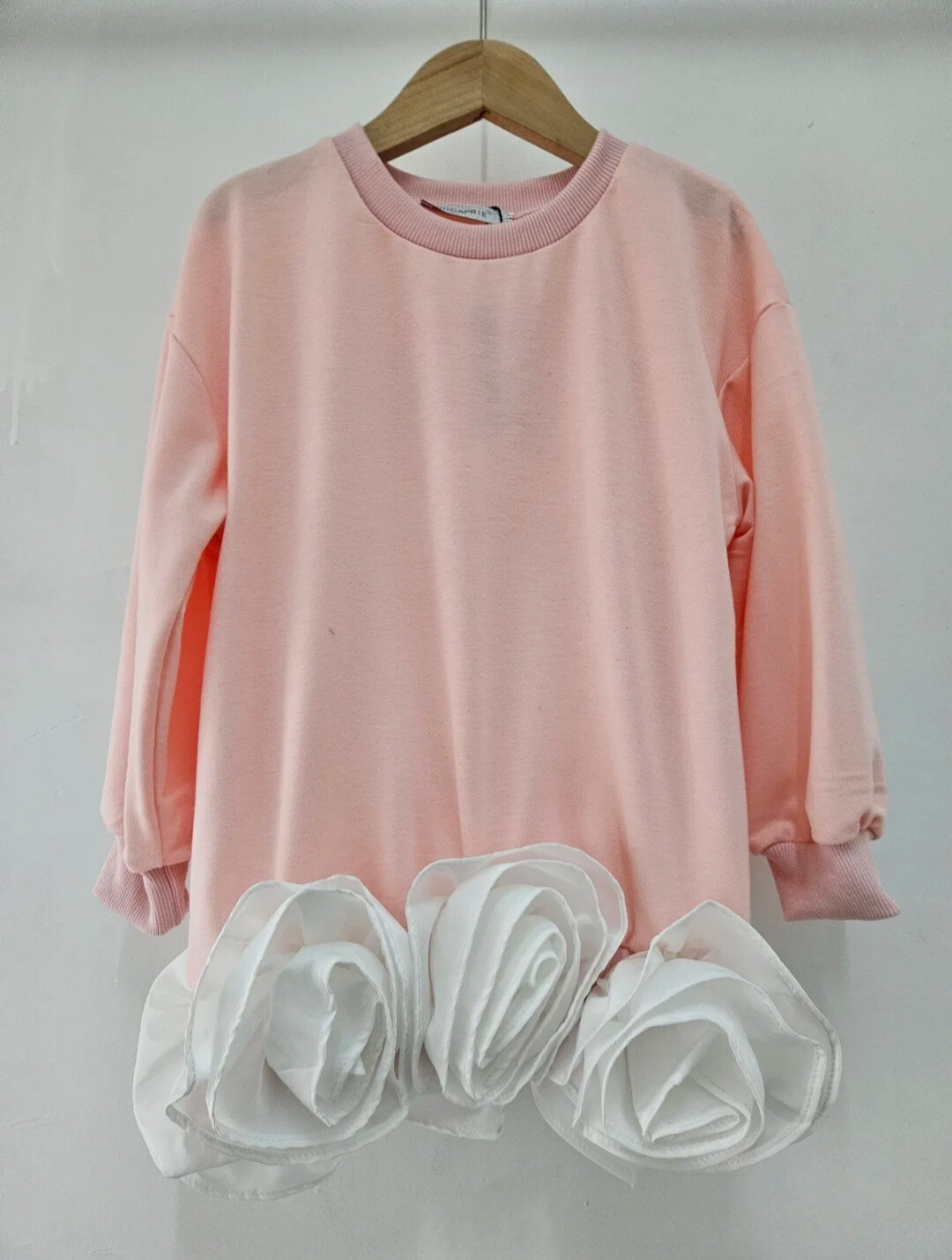 Grossiste Chicaprie - Robe Courte Manches Longues Uni Avec Bas Fleurs Géantes Roses Fille