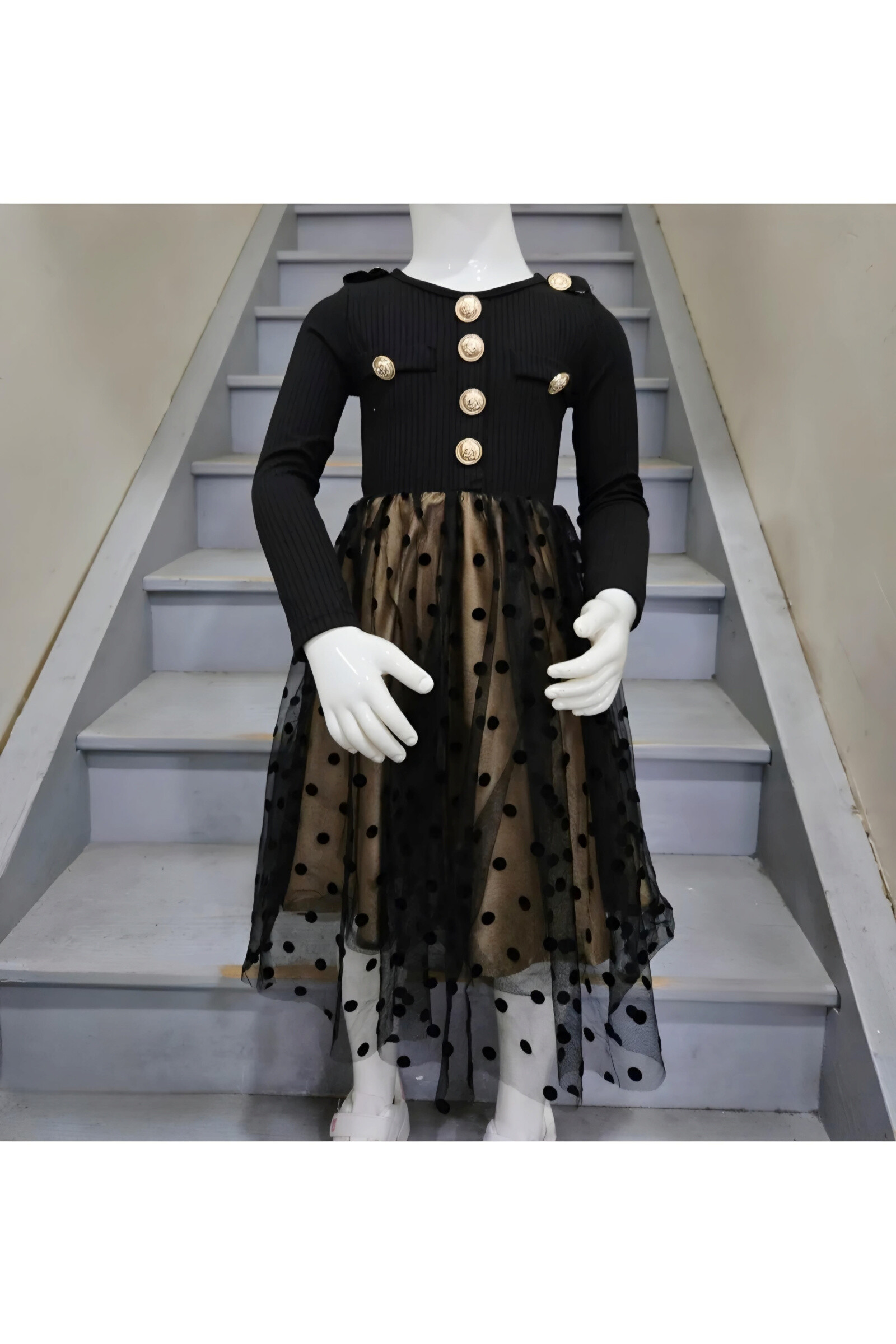 Wholesaler Chicaprie - Girl's Long Sleeve Dress with Buttons and Polka Dot Overlay
