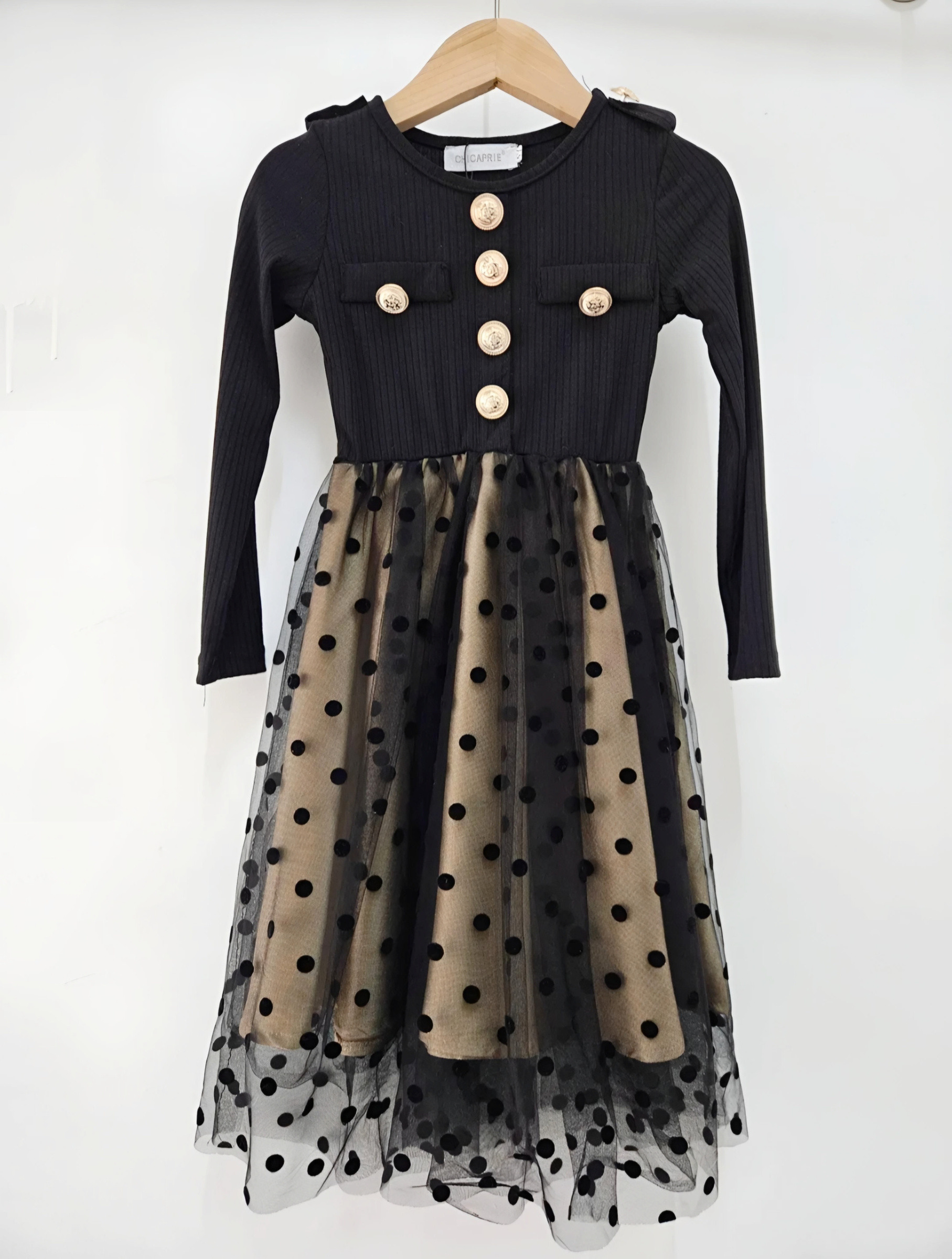Wholesaler Chicaprie - Girl's Long Sleeve Dress with Buttons and Polka Dot Overlay