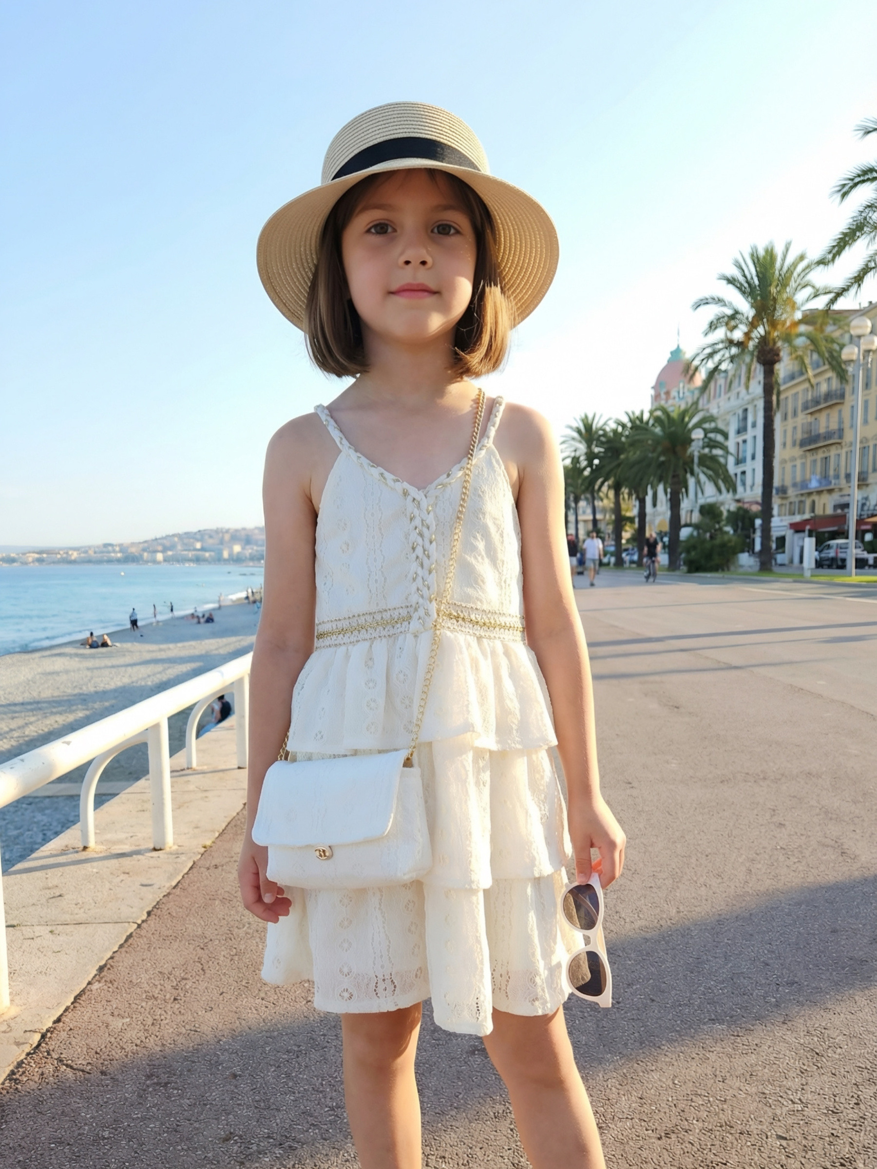 Grossiste Chicaprie - Robe A Bretelles Avec Volants Et Tresse Bohème, Sac Chaine Fantaisie Fille