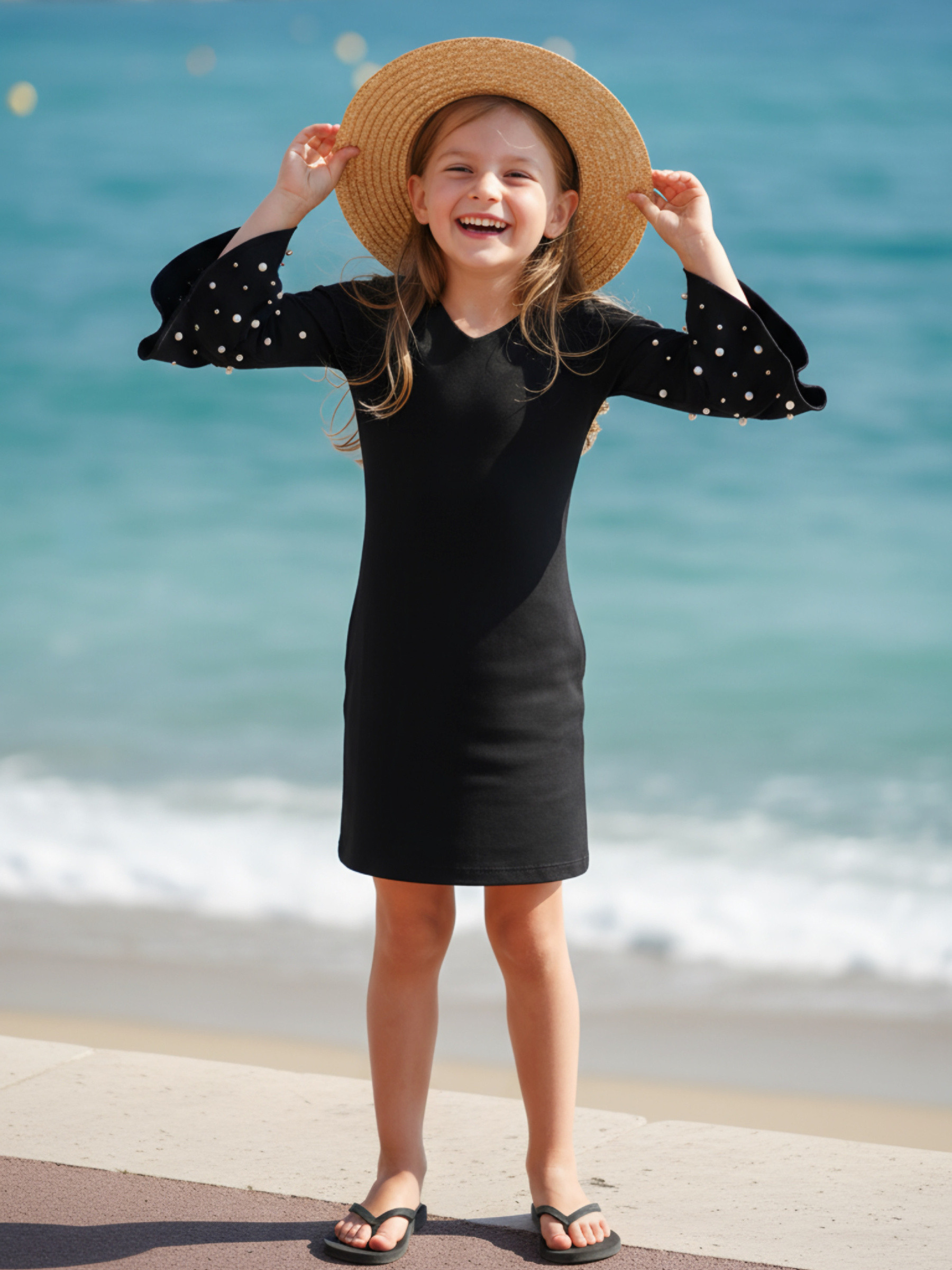 Großhändler Chicaprie - Kurzes einfarbiges Kleid mit ausgestellten Flatterärmeln und schicker Perle für Mädchen