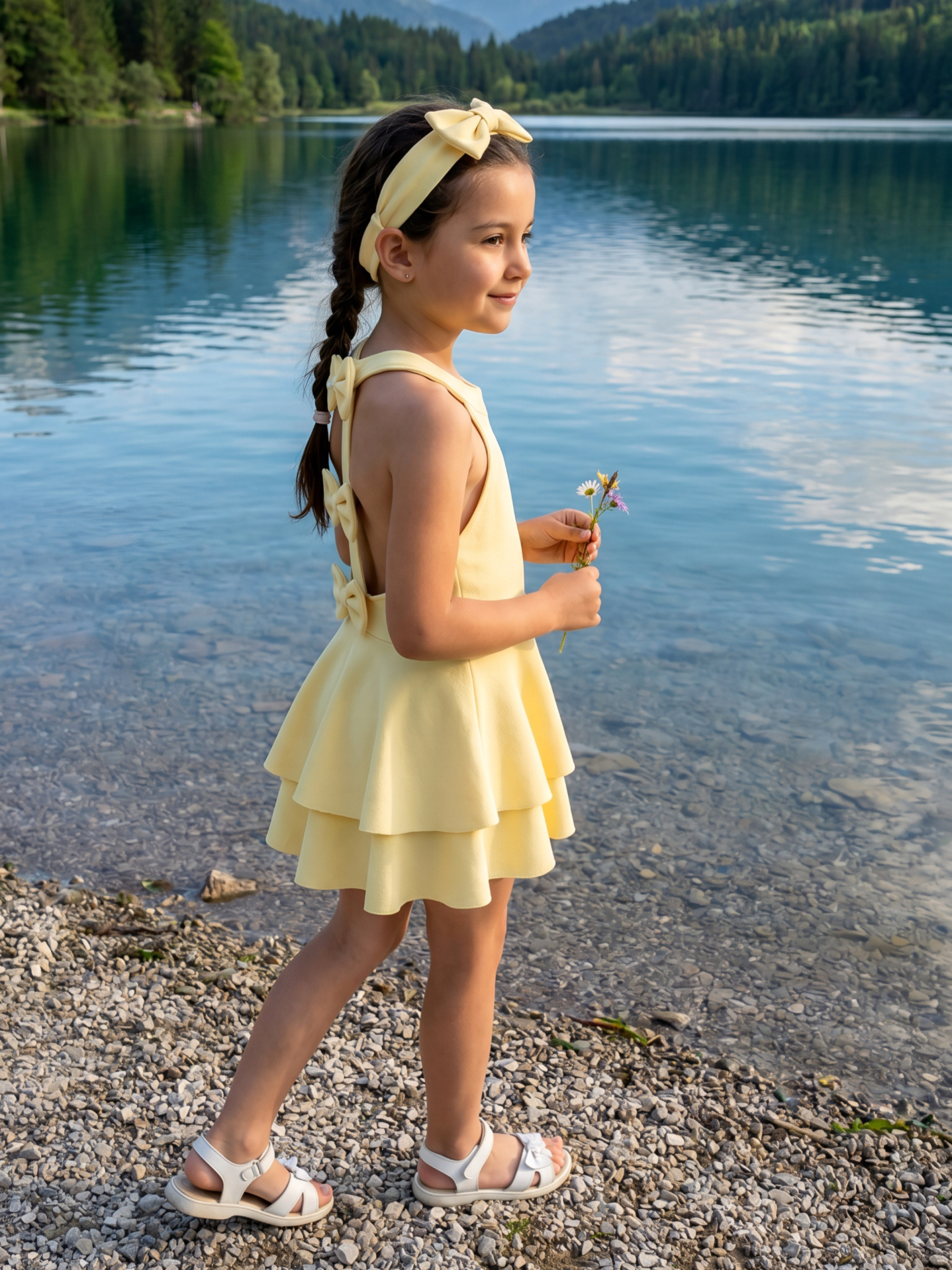 Wholesaler Chicaprie - Solid Short Dress with Pleated Ruffled Hem, Open Back with Bows, and Headband for Girls