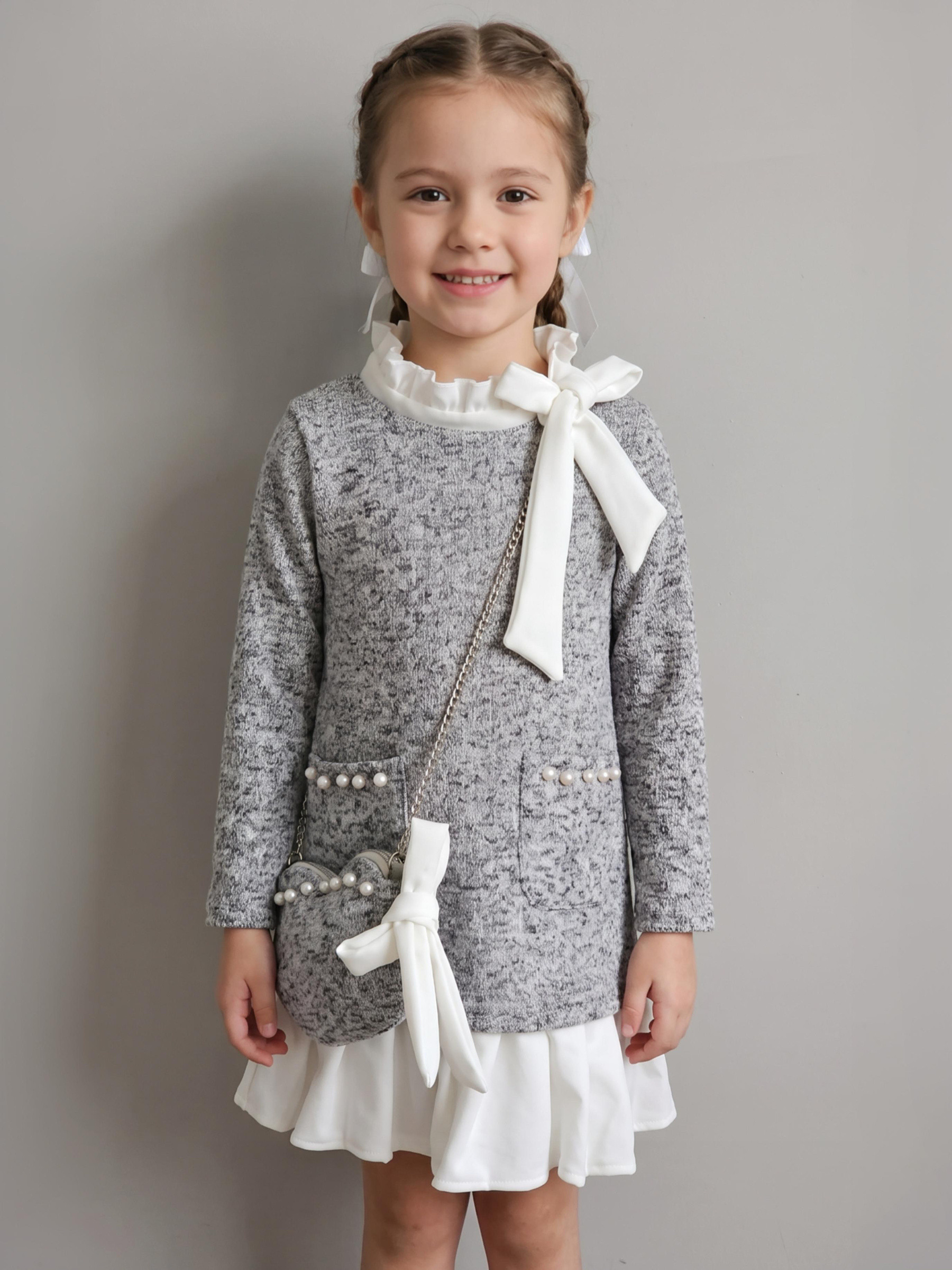 Grossiste Chicaprie - Robe Manches Longues Avec Perles Et Noeud Chic Et Sac Fantaisie Fille