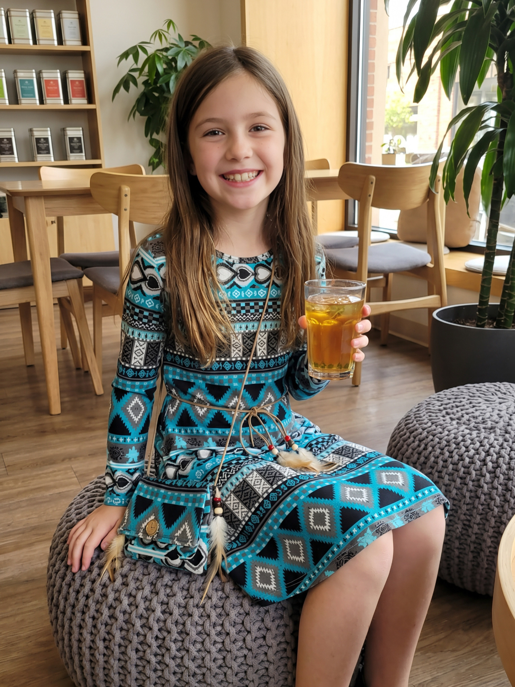 Großhändler Chicaprie - Langärmliges Kleid mit Print, Gürtel und boho Federhandtasche für Mädchen