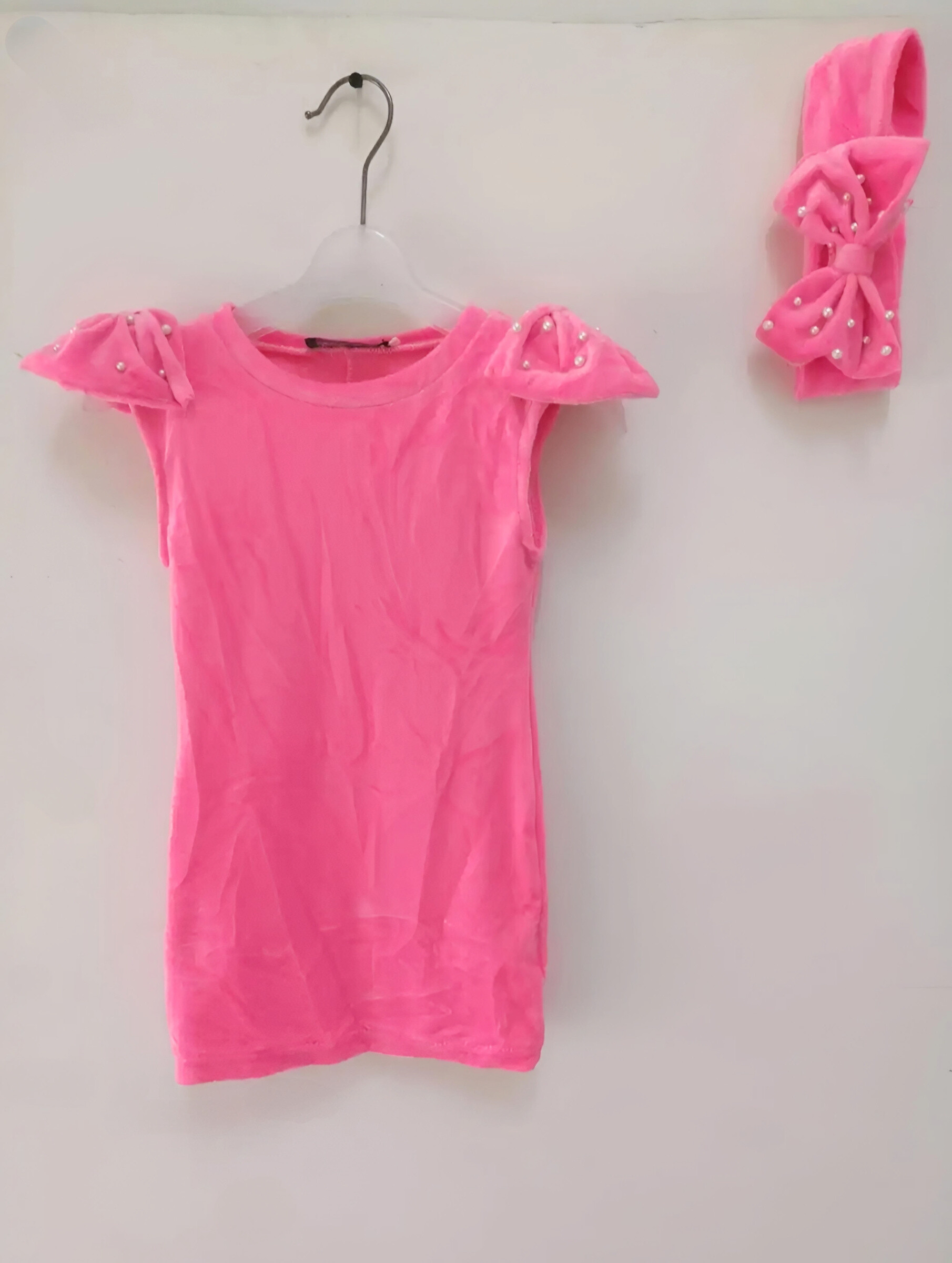 Wholesaler Chicaprie - Plain Short Velvet and Pearl Dress with Bow Headband Girl
