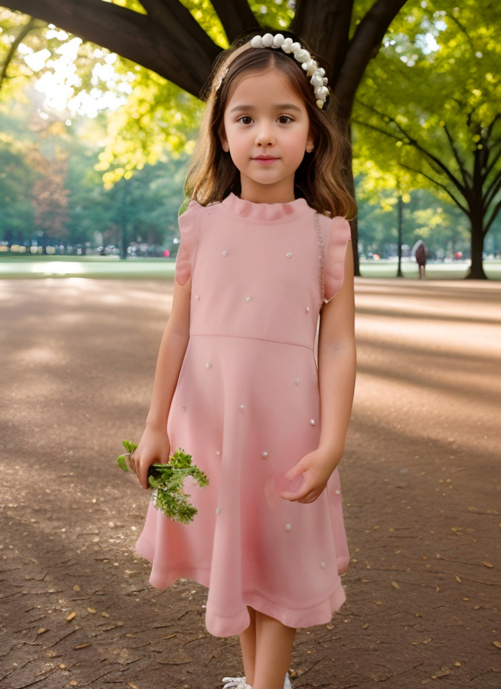 Wholesaler Chicaprie - Flowing lightweight sleeveless solid-color dress with pearls and ruffles and a girl's chain bag