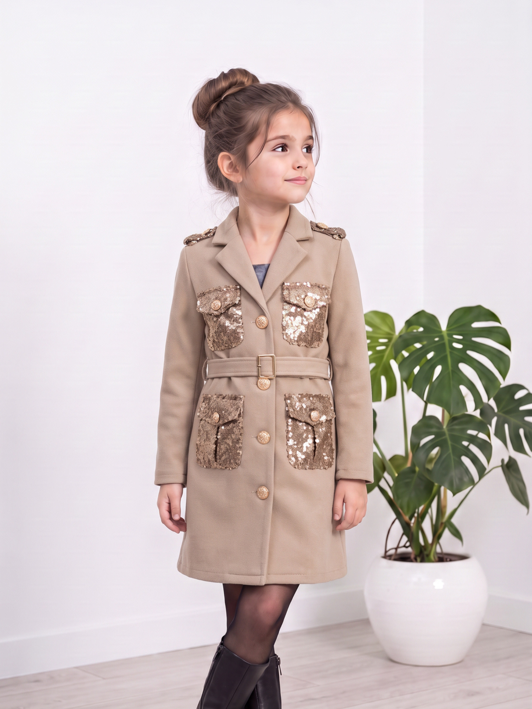 Grossiste Chicaprie - Robe Courte Manches Longues Style Tailleur Boutonnée Avec Poches Pailletées Et Ceinture Chic Urbain Fille