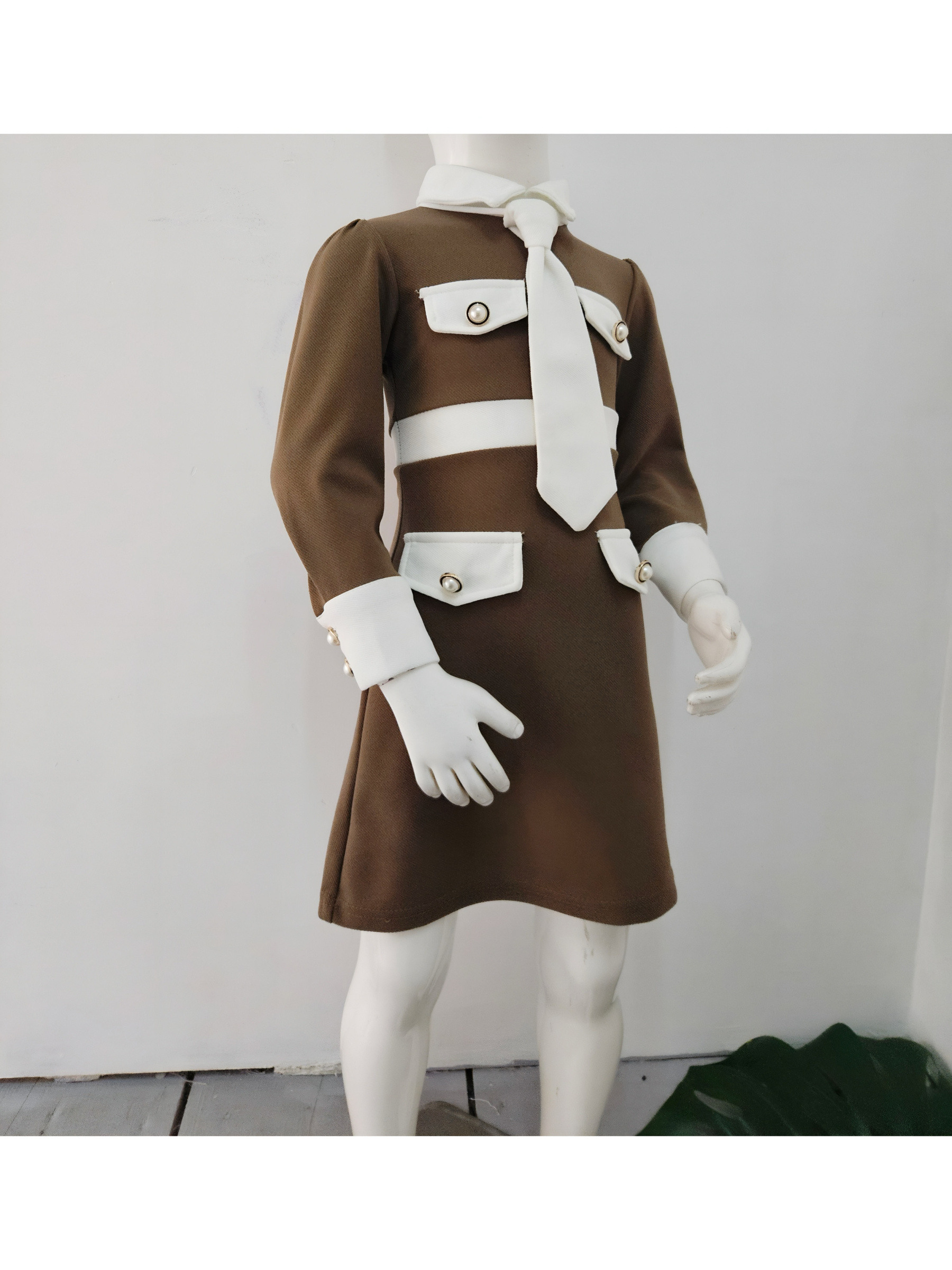 Mayorista Chicaprie - Vestido Corto de Manga Larga con Bolsillos de Fantasía con Perlas, Corbata Chic Moderna para Niña