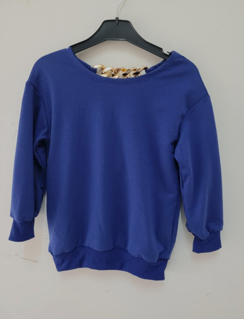 Großhändler Chicaprie - Einfarbiger Langarm-Sweatshirt mit goldener Kette und urbanem V-Rücken für Mädchen