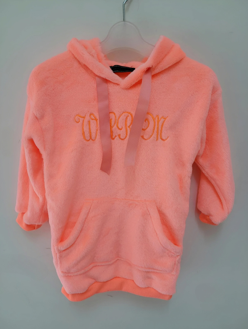 Grossiste Chicaprie - Sweat manches longues uni doux faux fourrure à capuche et poche centrale cocon fille