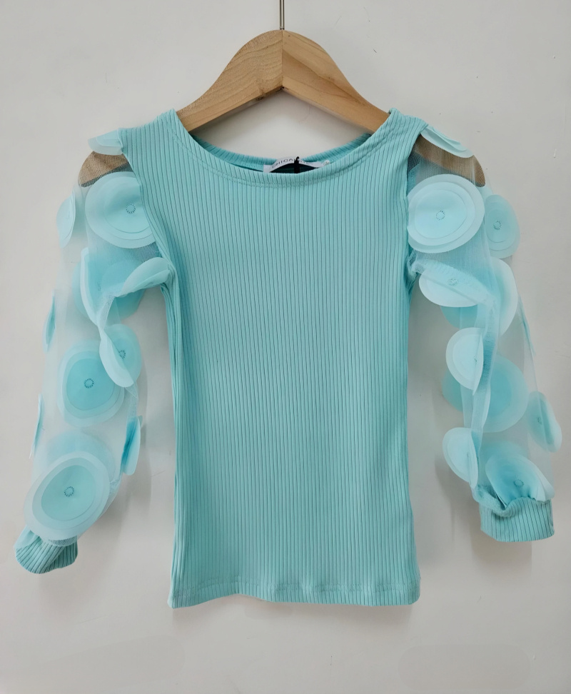 Großhändler Chicaprie - Leichtes, einfarbiges T-Shirt mit langen, durchsichtigen Ärmeln und floralem Design für Mädchen