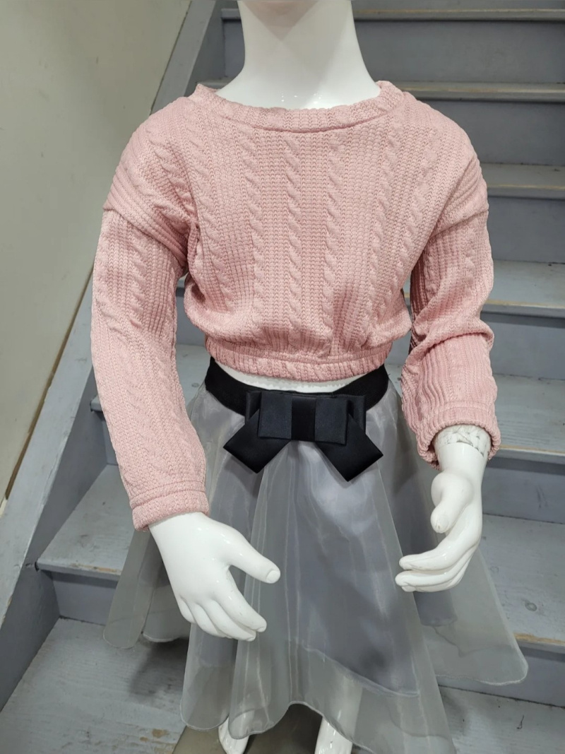 Großhändler Chicaprie - Leichter, einfarbiger Strickpullover mit Zopfmuster für Mädchen
