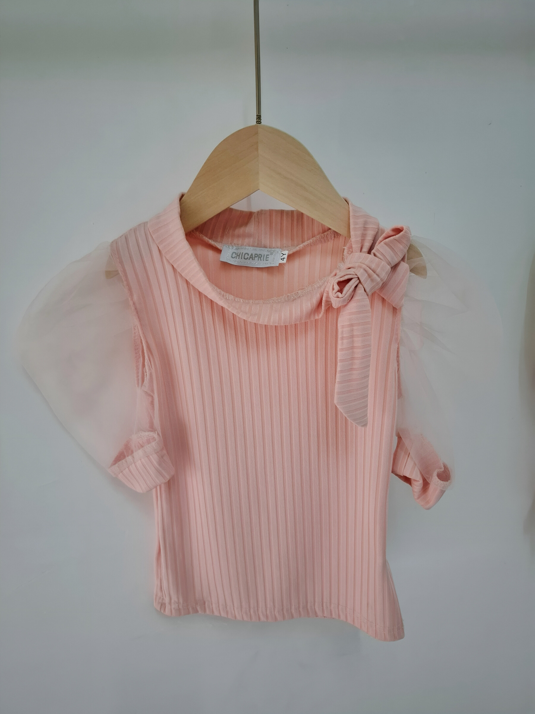 Grossiste Chicaprie - Top Uni Légère Côtelé Avec Noeud Manches Mi Longues Voile Transparente Fille
