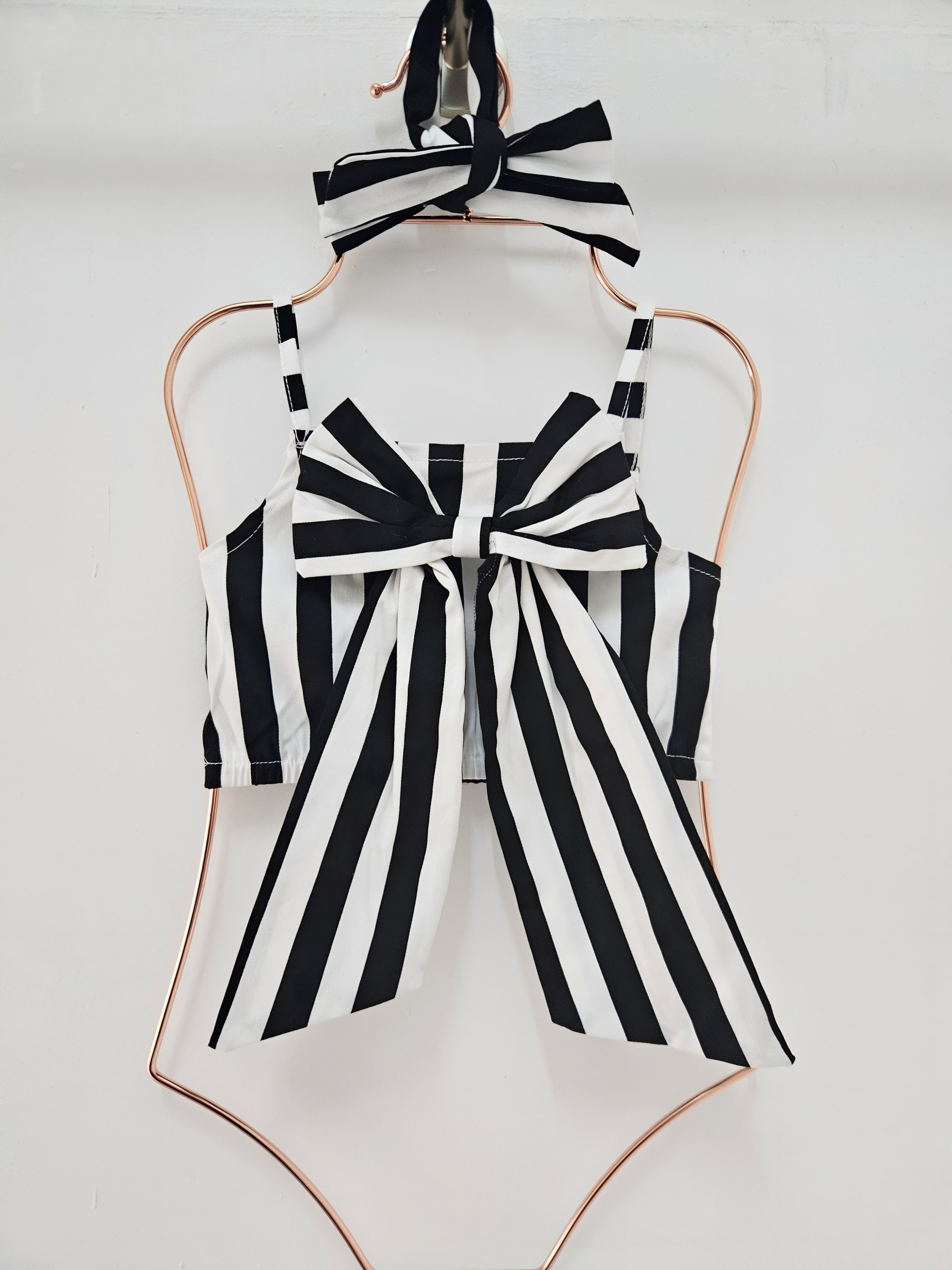Grossiste Chicaprie - Crop Top Bretelles Rayure Rétro Avec Gros Noeud Et Bandeau Fille