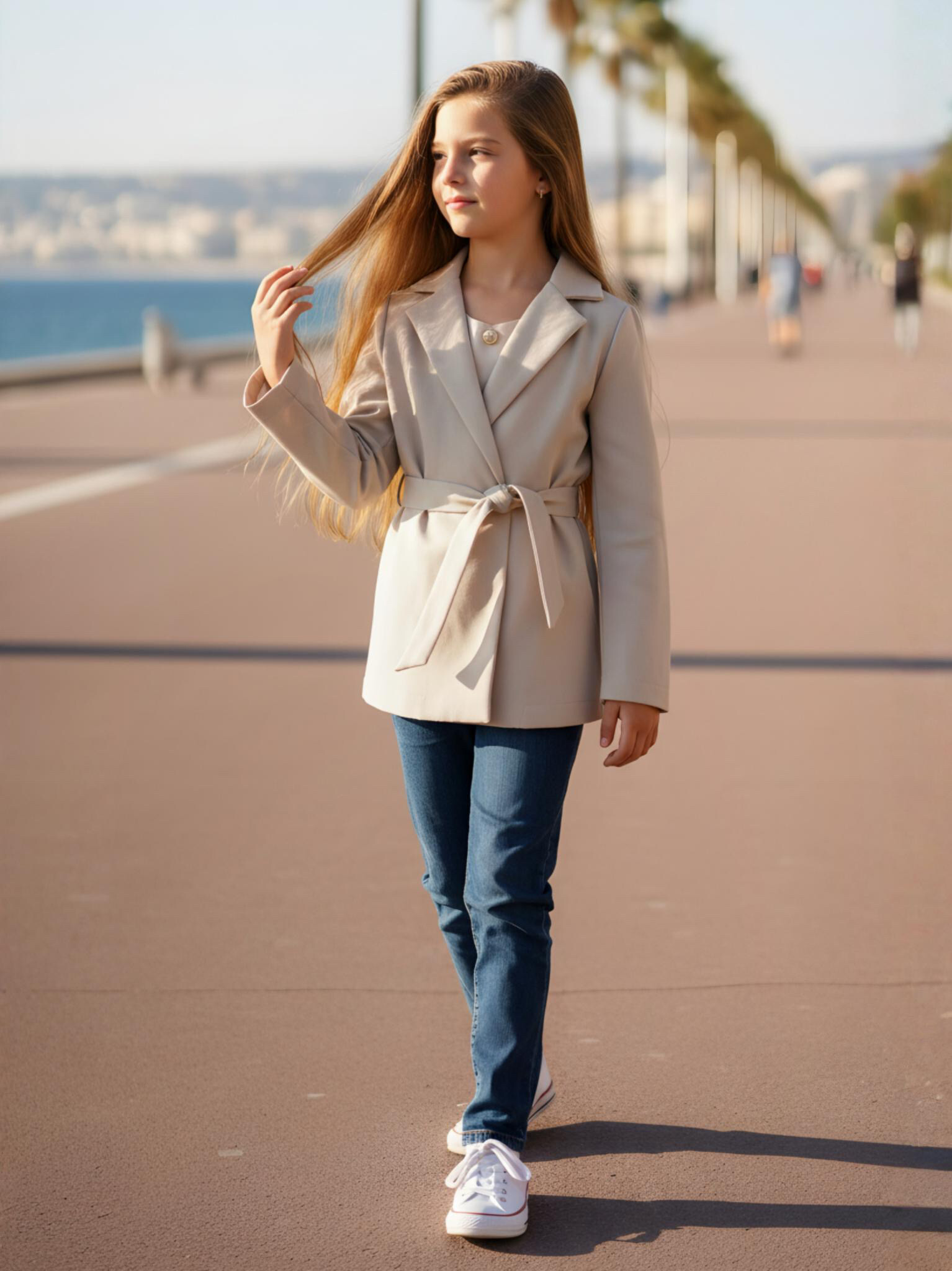 Großhändler Chicaprie - Einfarbiger Blazer mit langen Ärmeln und Gürtel, klassischer Schnitt, lässig schick für Mädchen