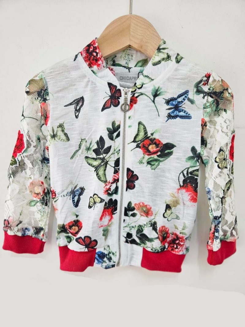 Großhändler Chicaprie - Leichte Mädchen Frühlings-Blumenweste mit durchsichtigen Ärmeln und Reißverschluss