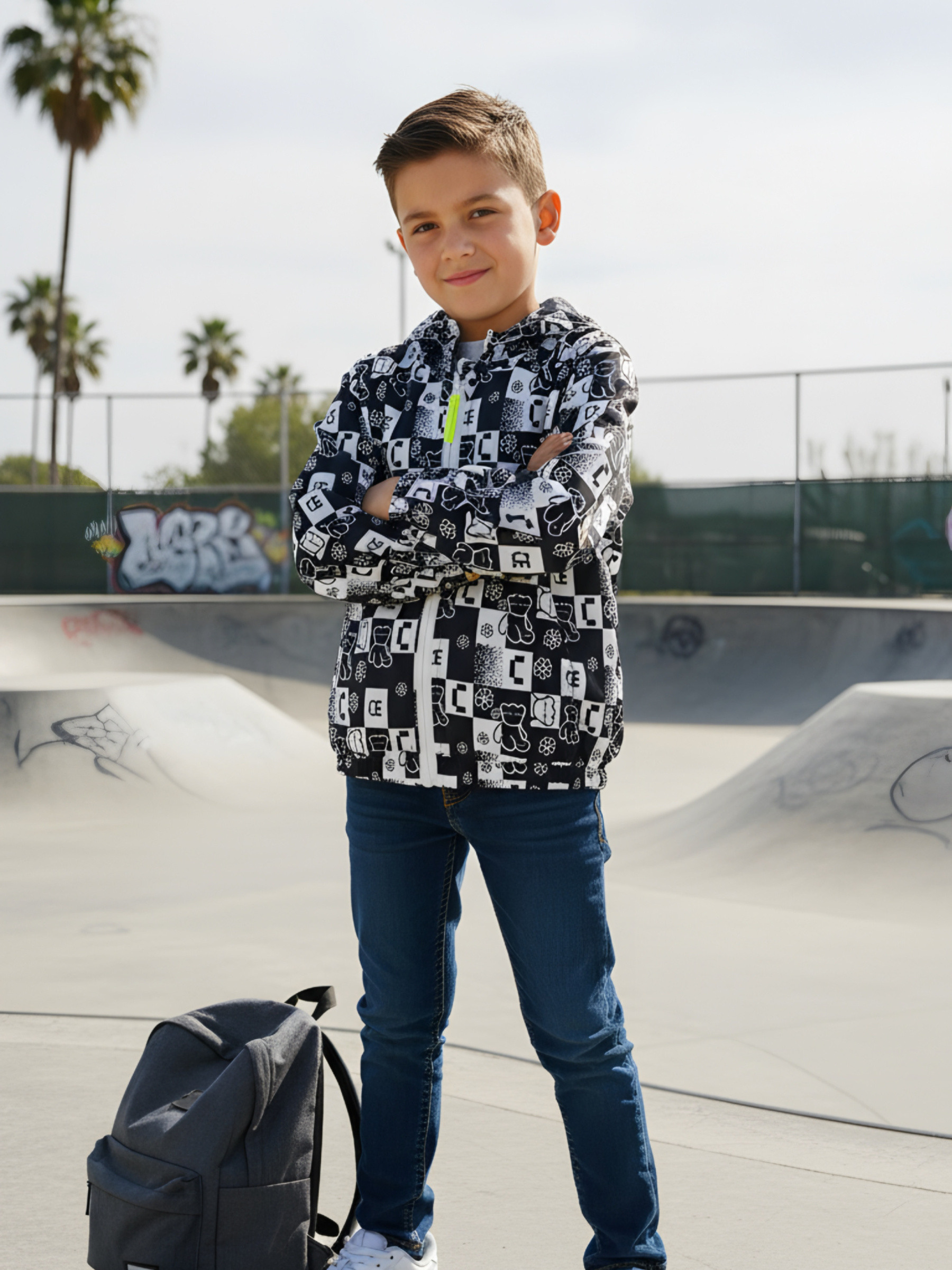 Wholesaler Chicaprie - Boy's Lightweight Sporty Jacket with Urban Hooded Pattern Print