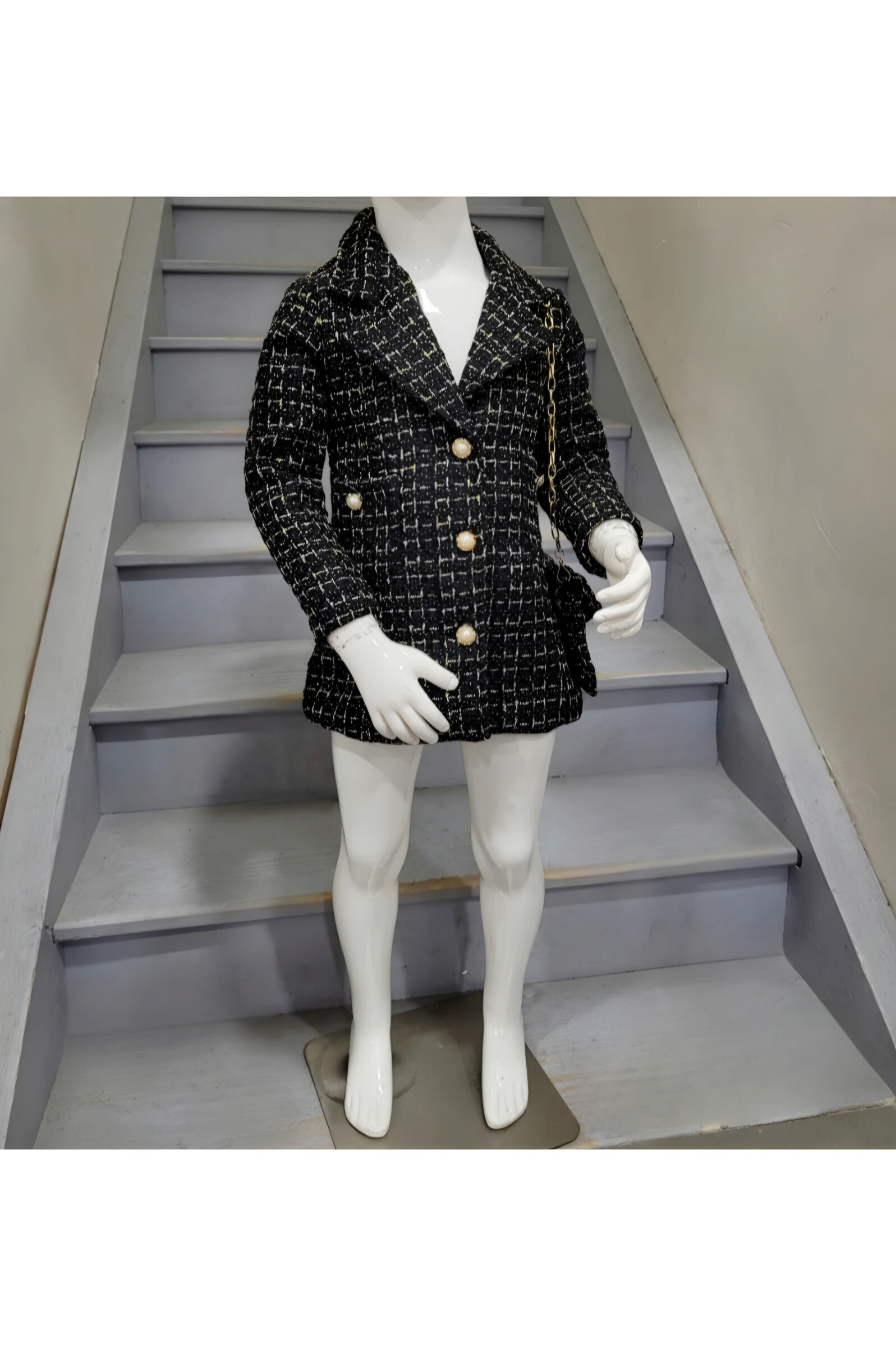 Mayorista Chicaprie - Chaqueta de niña estilo tweed de cuadros fluidos con botones de perlas y bolso elegante