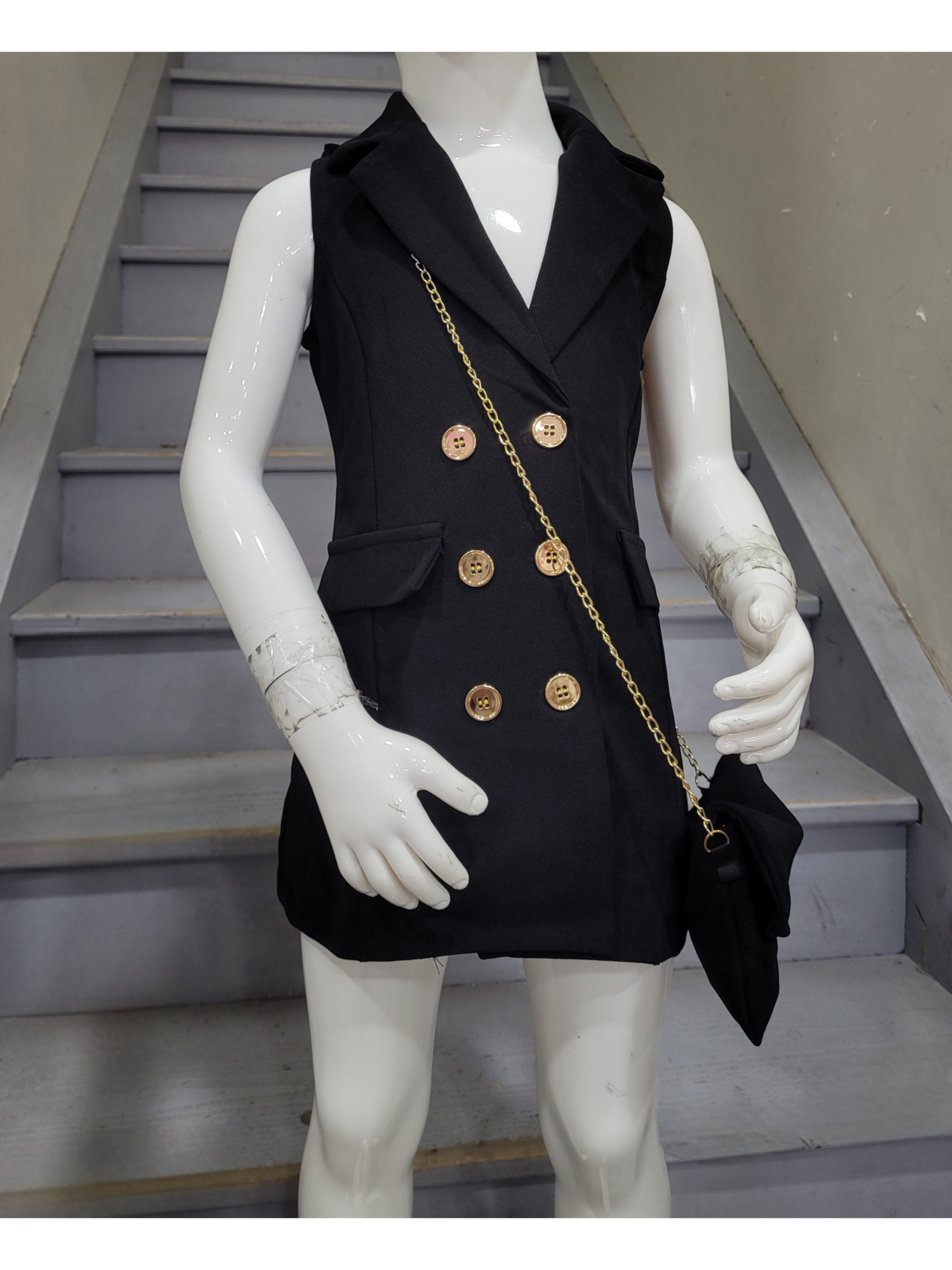 Grossiste Chicaprie - Veste Longue Sans Manche Avec Boutons Dorées Chic Trench Et Sac Chaine Fille