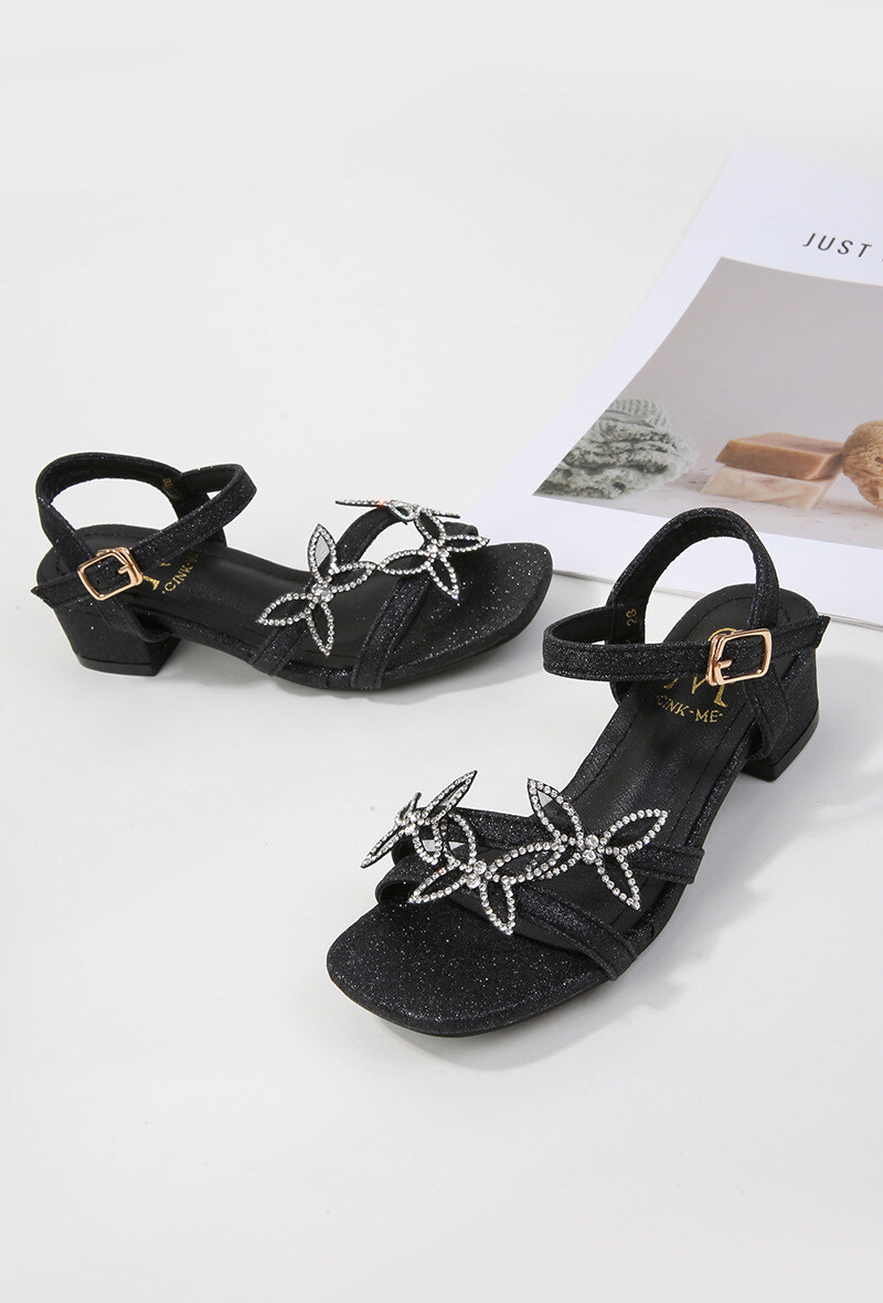 Wholesaler Cink Me - Shiny PU heeled sandals with rhinestone flower straps and adjustable ankle buckle