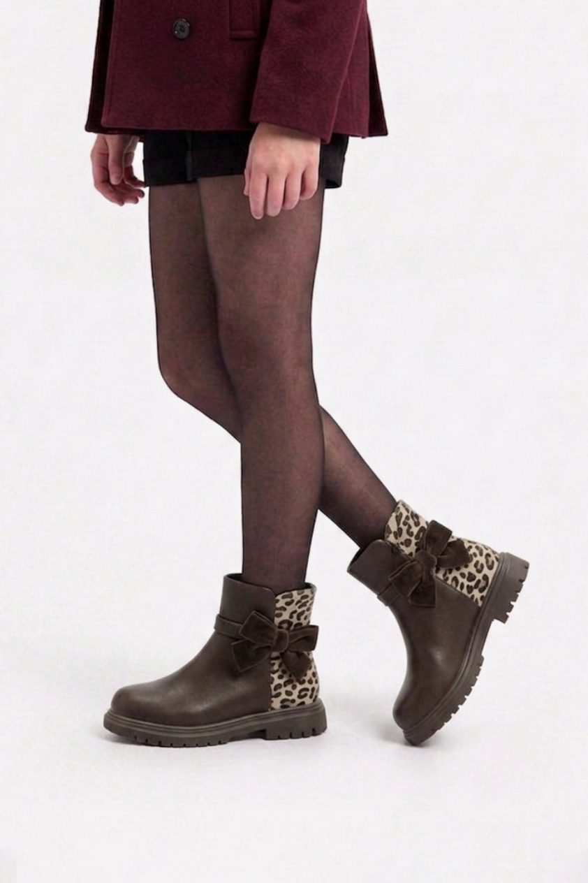 Mayorista Doremi - Botines infantiles con estampado de leopardo y lazo de terciopelo