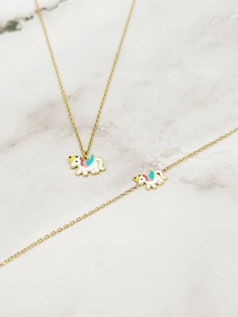 Wholesaler Emily - Children's white unicorn stainless steel necklace and bracelet set