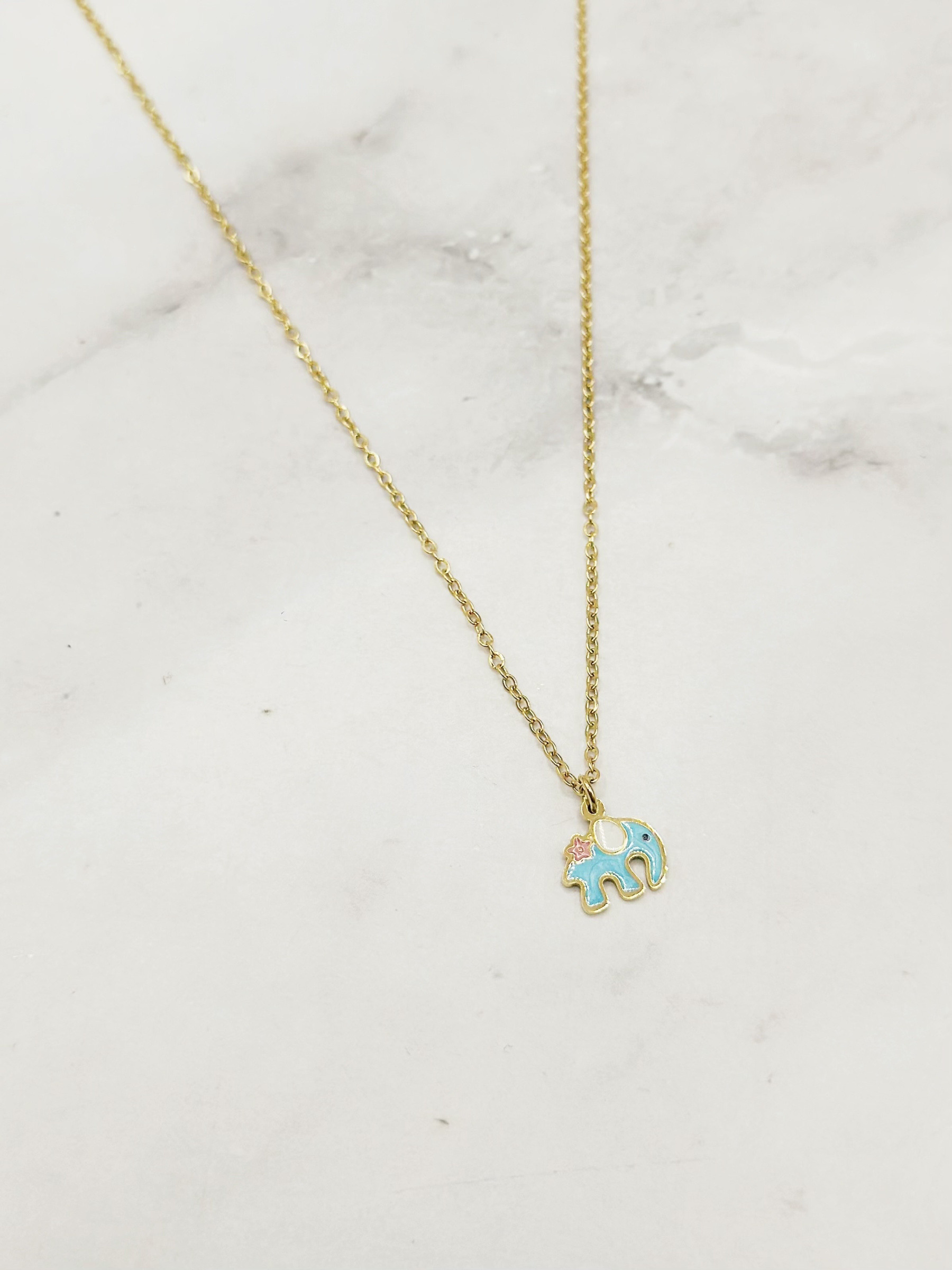 Wholesaler Emily - Children's necklace in gold-plated stainless steel with enamel Elephant