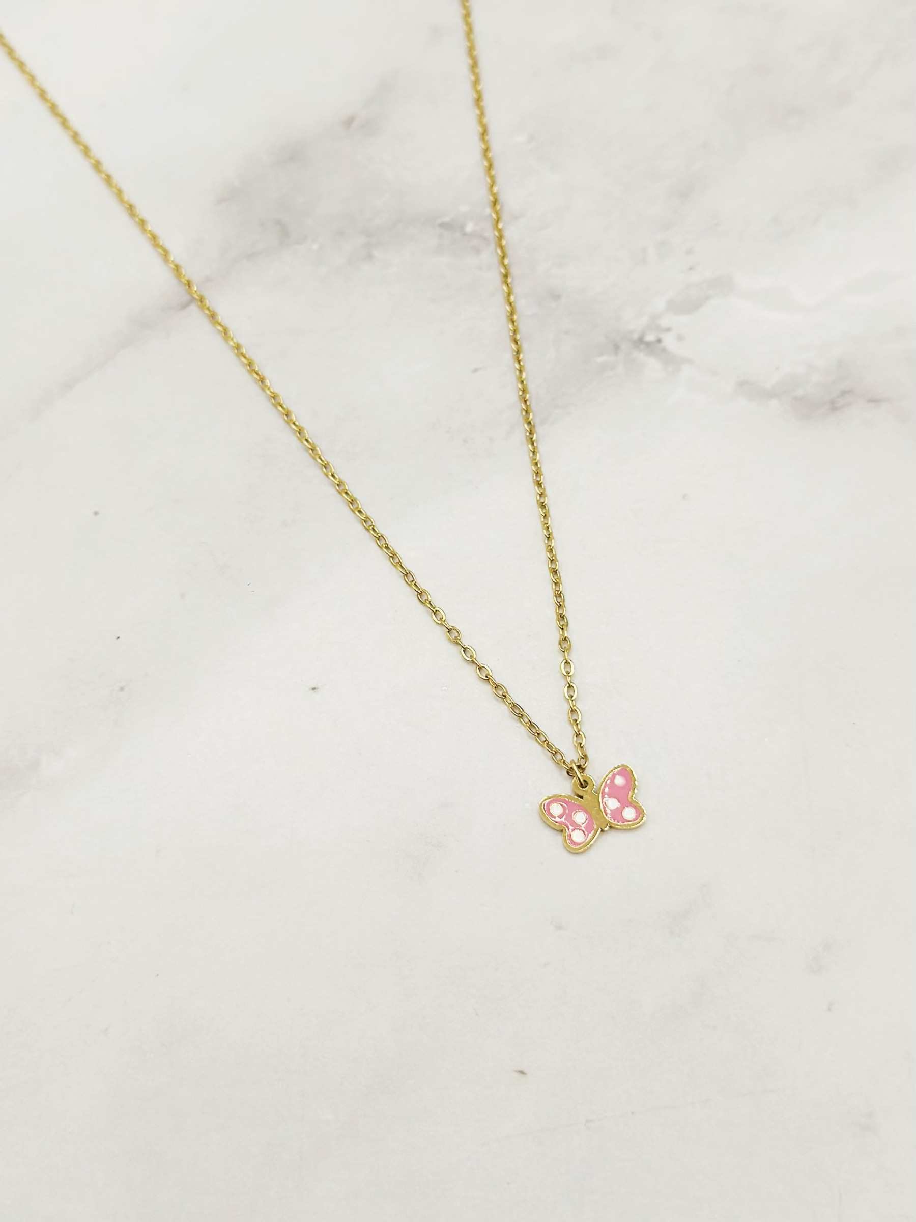 Wholesaler Emily - Children's necklace in gold-plated stainless steel with enamel Butterfly