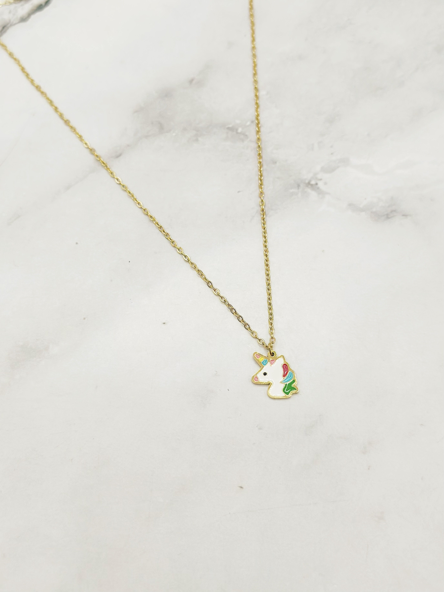 Wholesaler Emily - Children's necklace in gold-plated stainless steel with enamel Unicorn Head